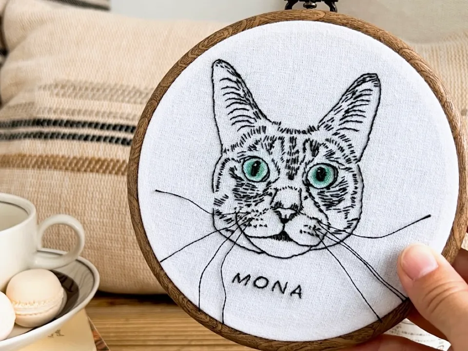 saya「線画で描く うちの子刺繍 〜壁掛けインテリア講座〜」