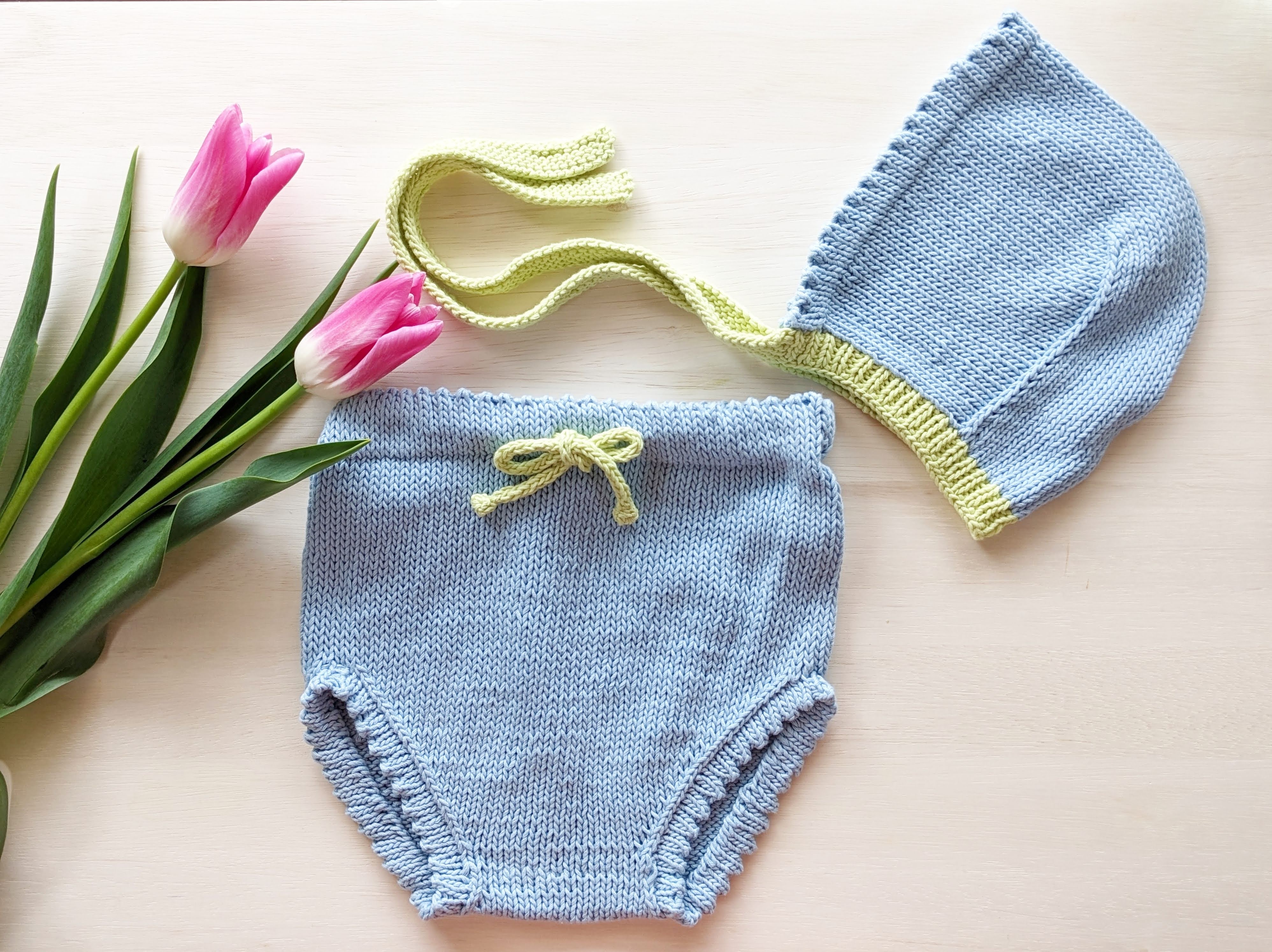 棒針編みで作る、ベビーニットの編み物講座 ~ baby bonnet & bloomers ~