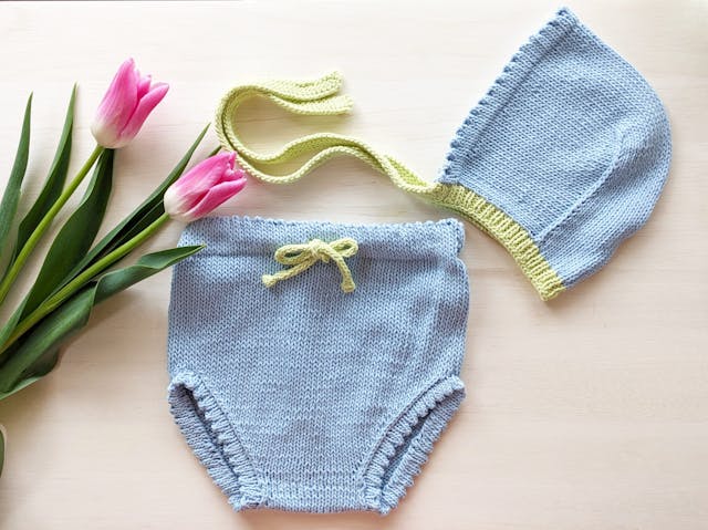 棒針編みで作る、ベビーニットの編み物講座 ~ baby bonnet & bloomers ~