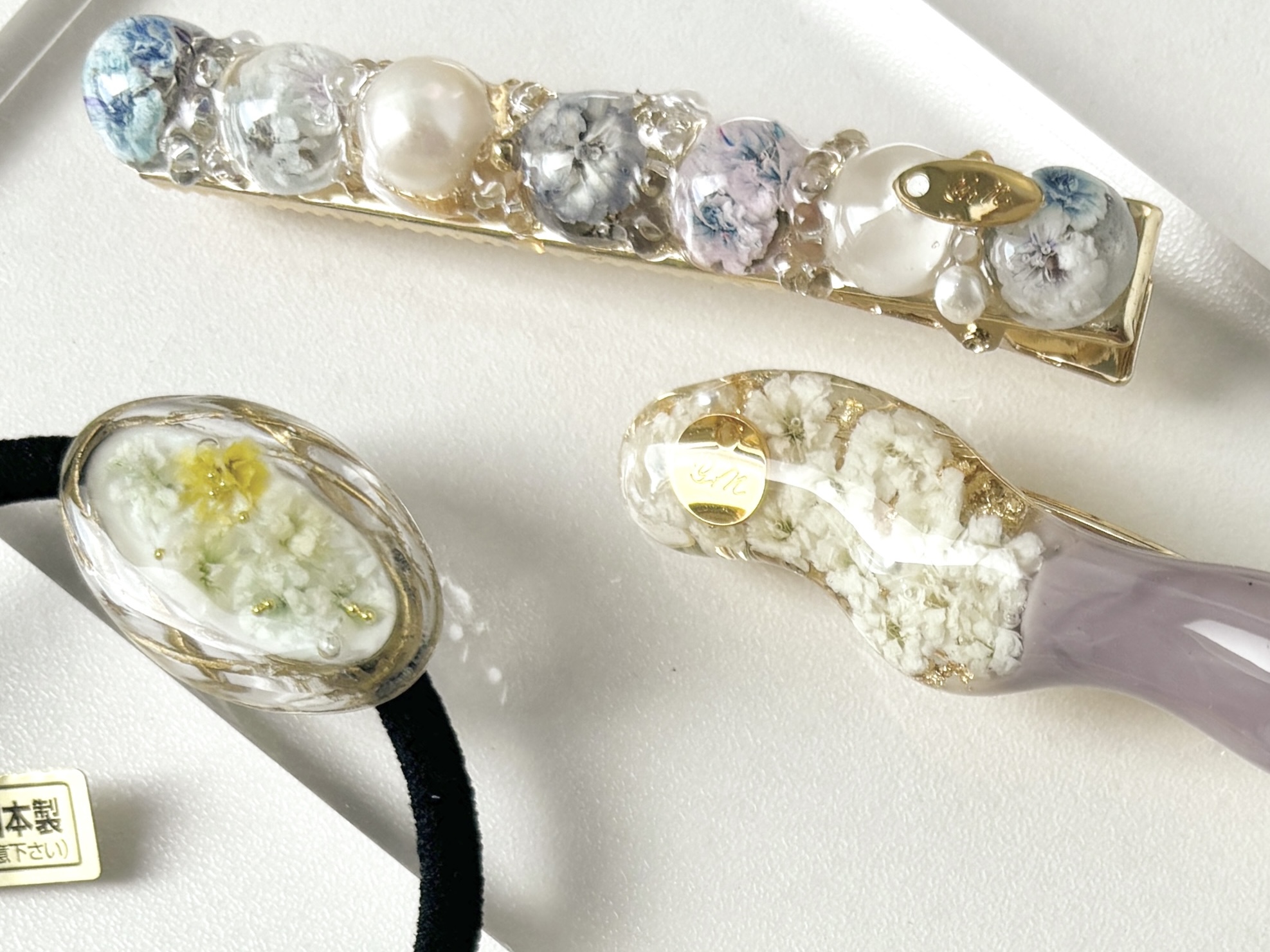 レジンヘアゴム ステンドグラス ブルー 金箔 ゴールド お花 ヘア