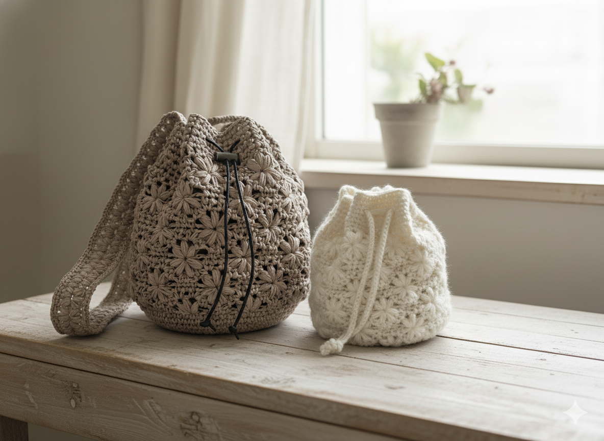 かぎ針編み 花模様編みのきんちゃくバッグの作り方【編み図付き】の紹介画像2