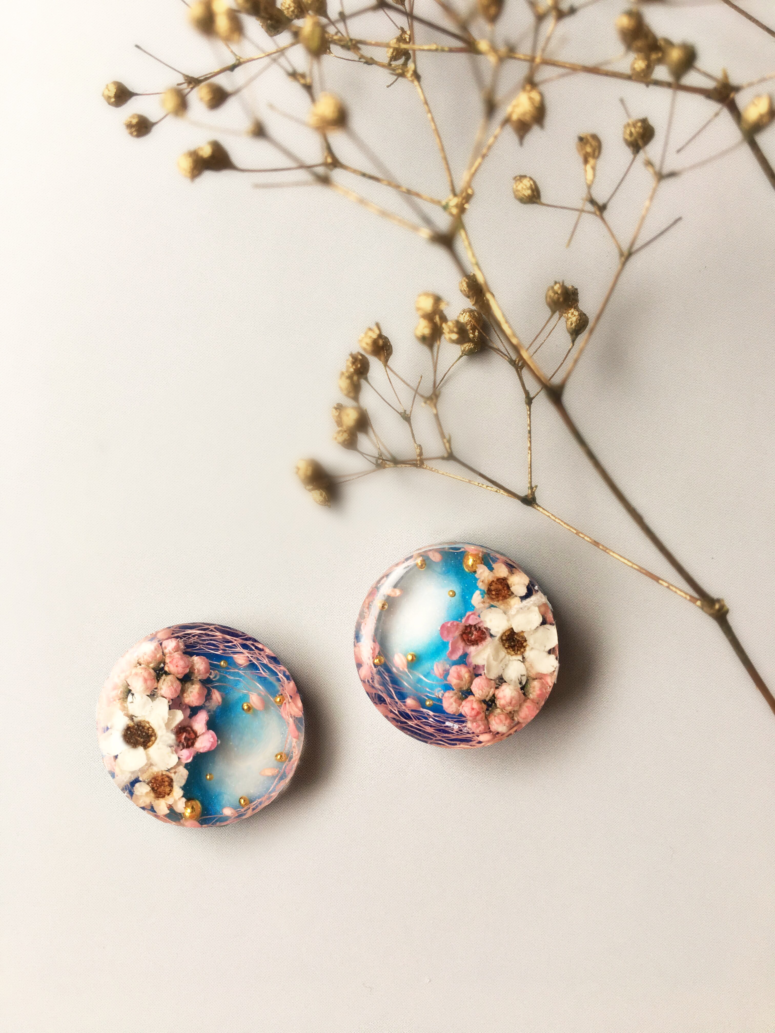 Valentine Collection 🌸受注製作🌸 Blue sky and pink flowers(ピアス・イヤリング)