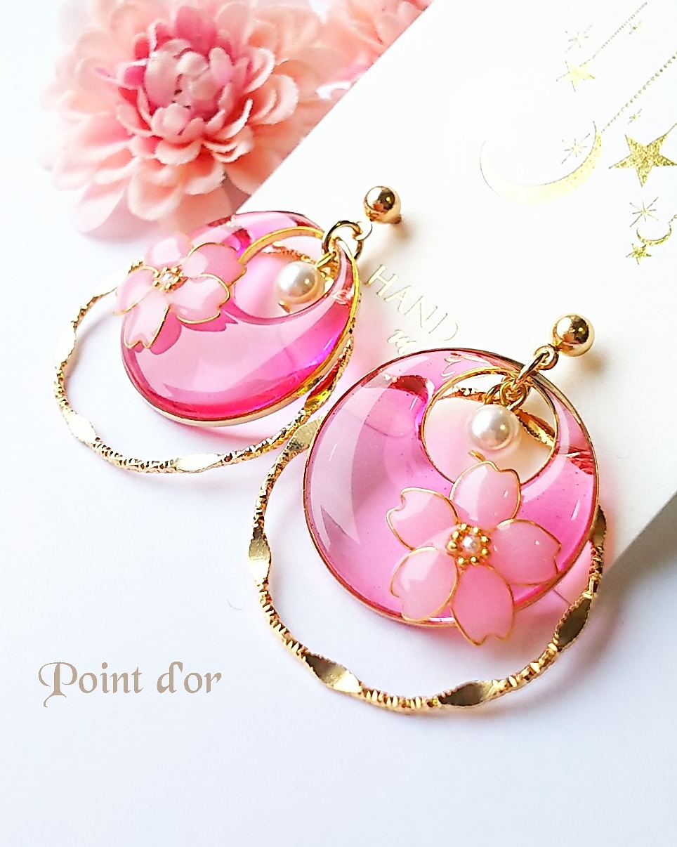 桜のダブルラウンド耳飾り（ピンクカラー）