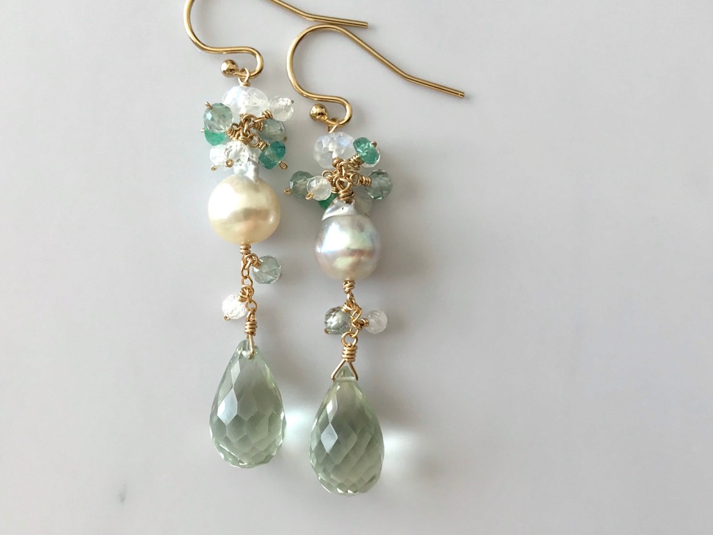 14kgf グリーンアメジストとあこや真珠 ピアス/イヤリング Classy