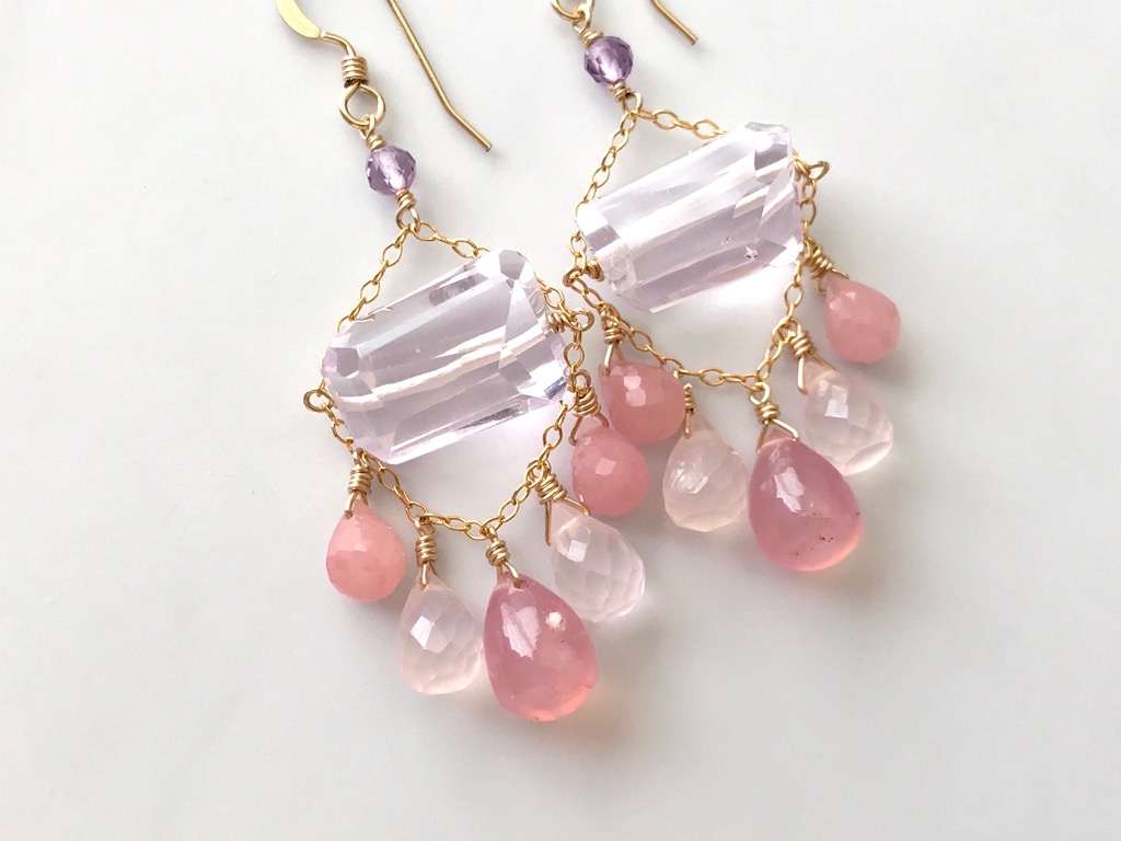 14kgf ピンクアメジストとピンクドロップ ピアス/イヤリング Pink Ethnic