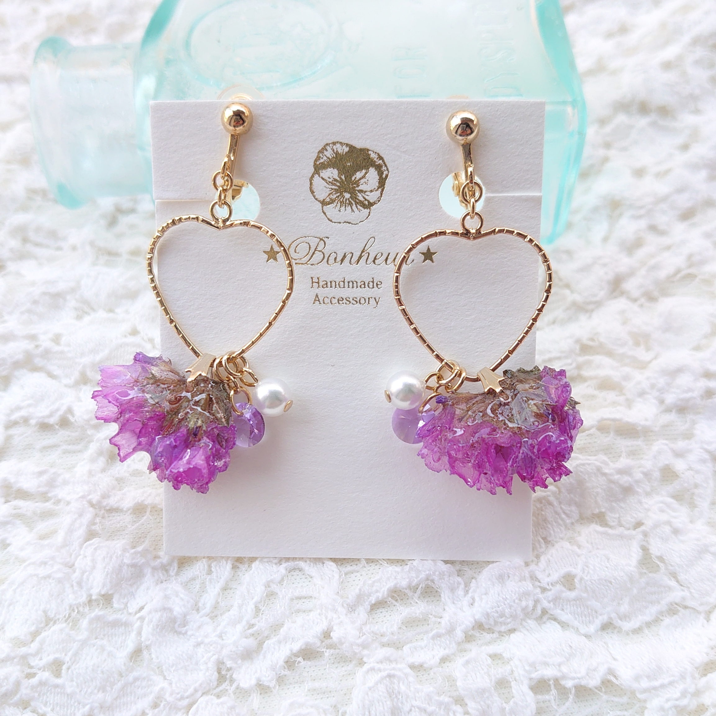 スターチスとハートピアスorイヤリング・濃いめパープル