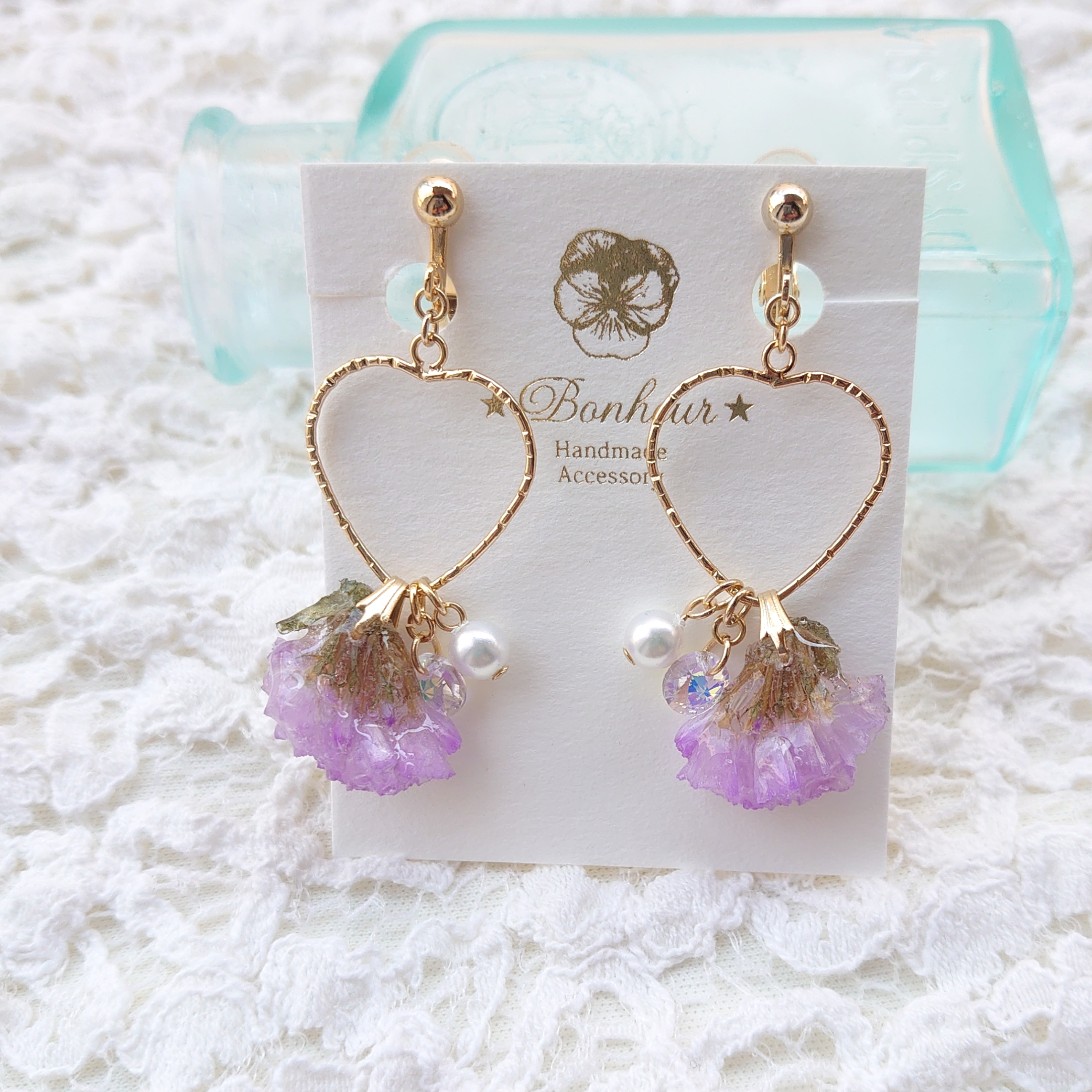 スターチスとハートピアスorイヤリング・薄めパープル