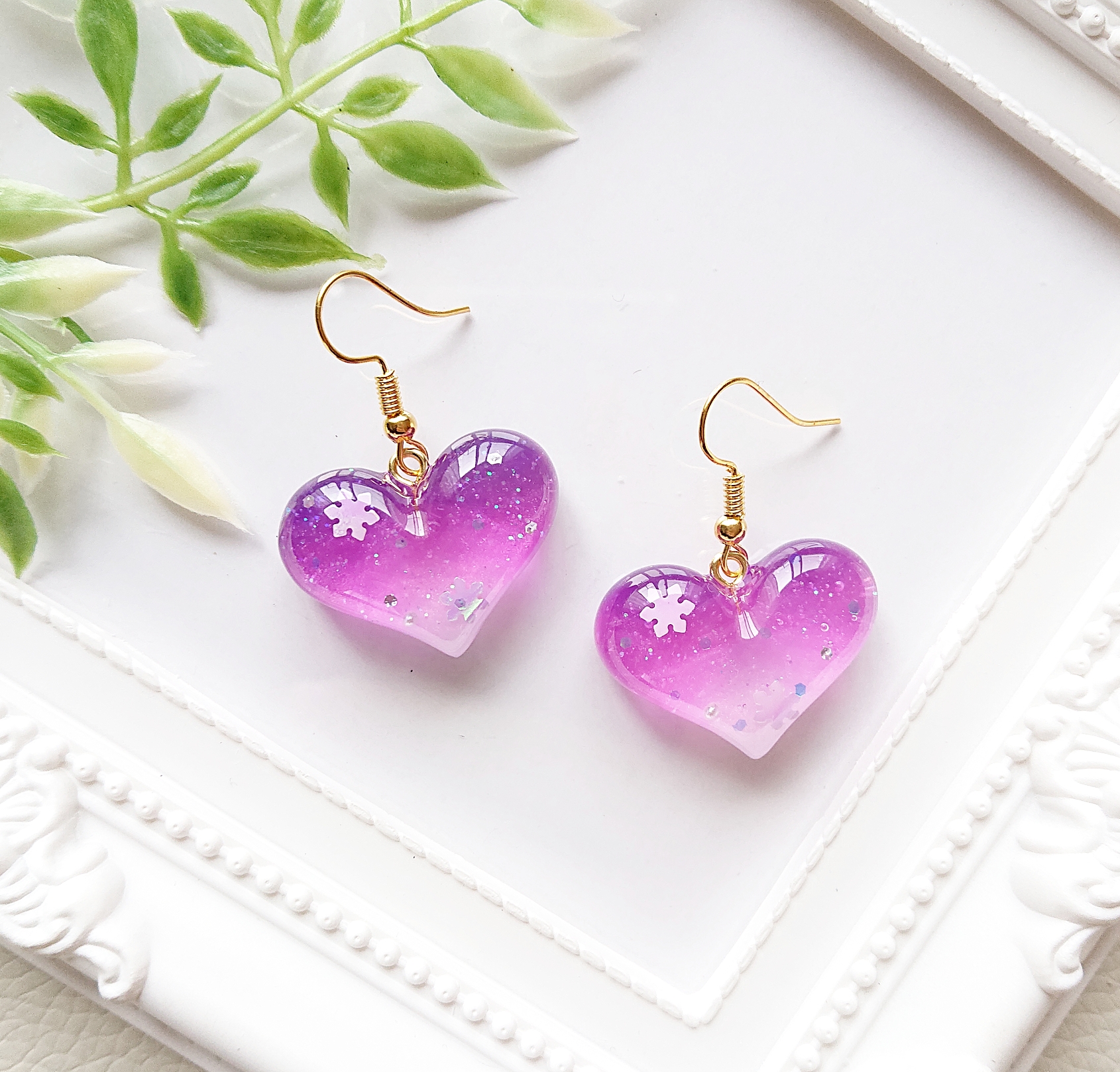 雪の朝焼け✩.*˚ハート型レジンピアス・イヤリング