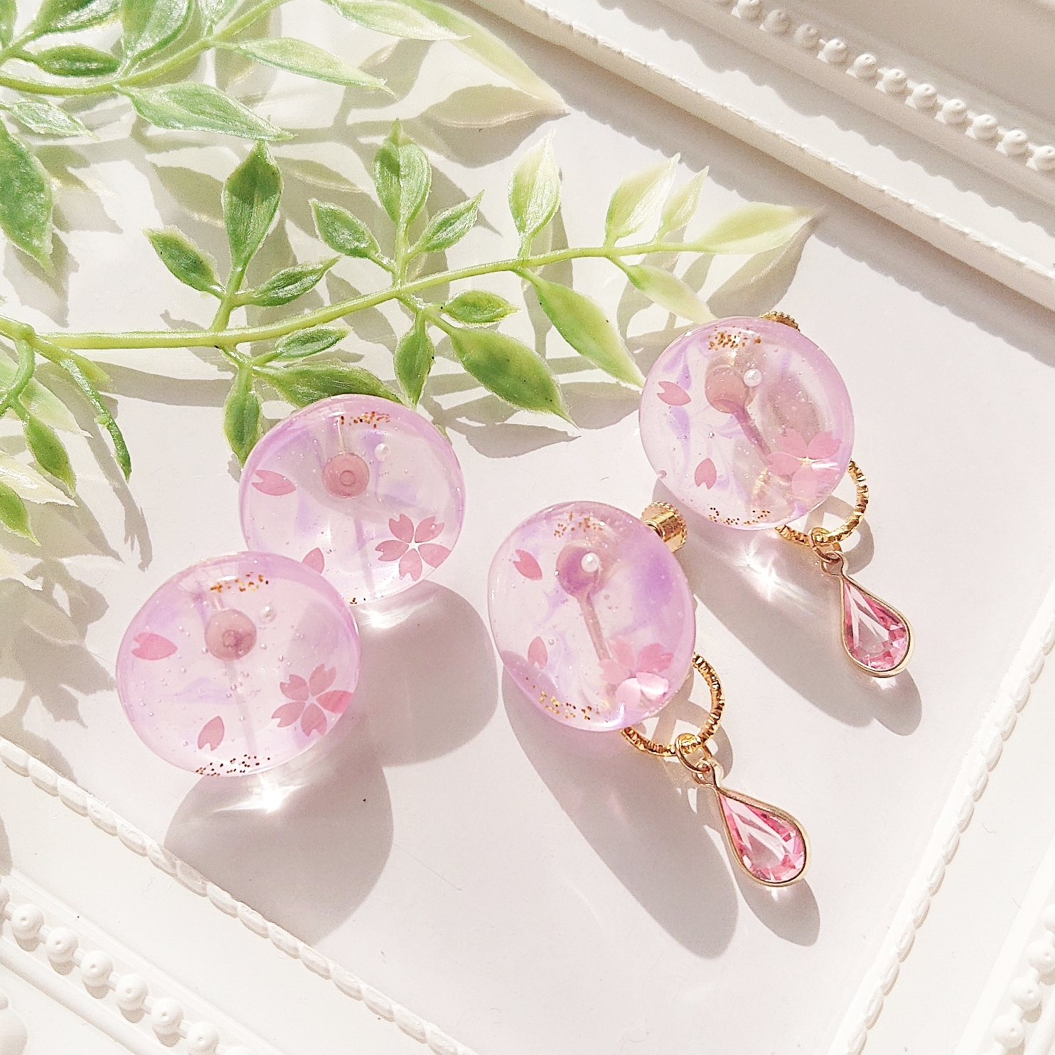 桜模様🌸<ピンクストーン>2way 円型レジンピアス・イヤリング