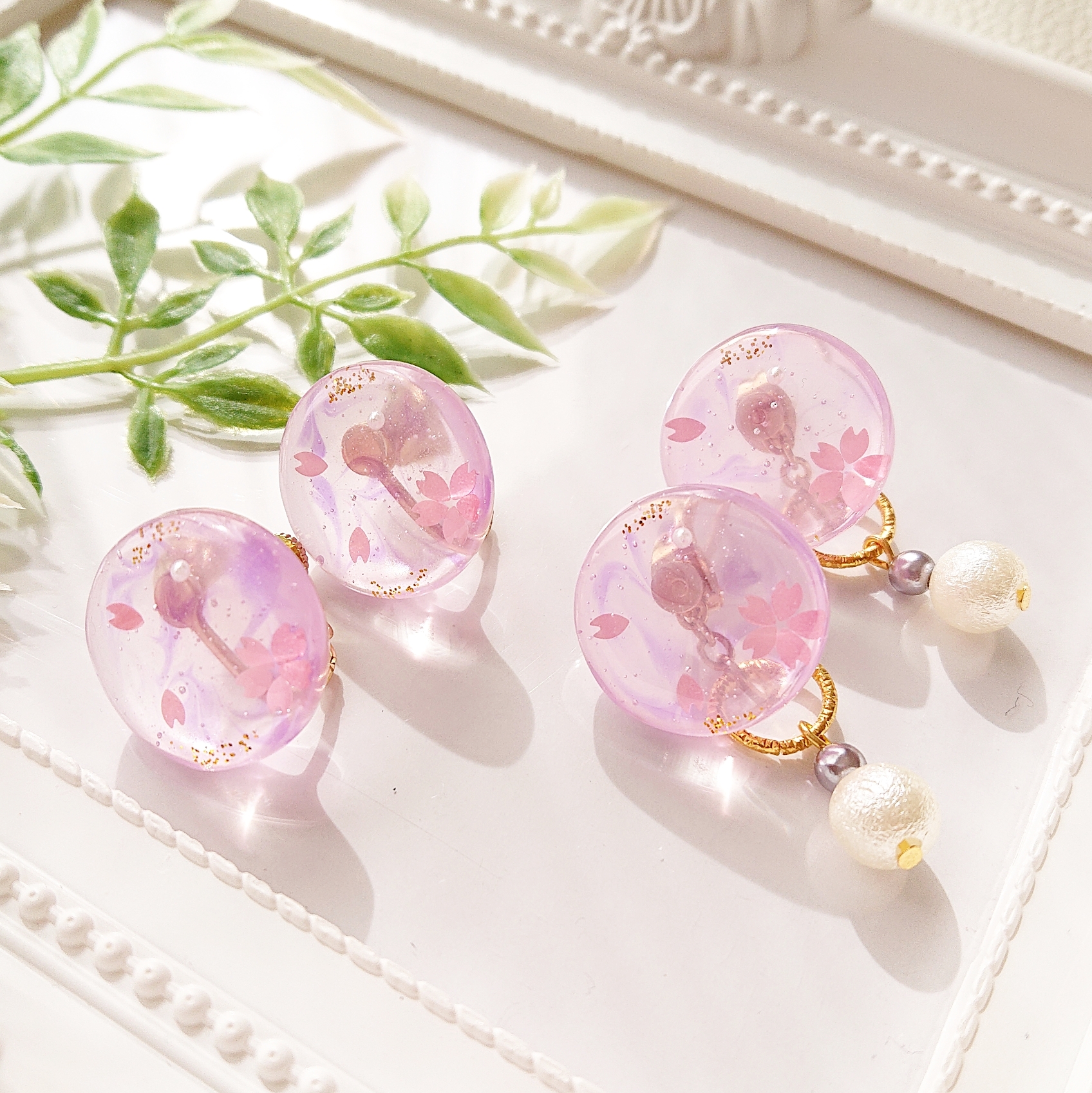 桜模様🌸<パール>2way 円型レジンピアス・イヤリング