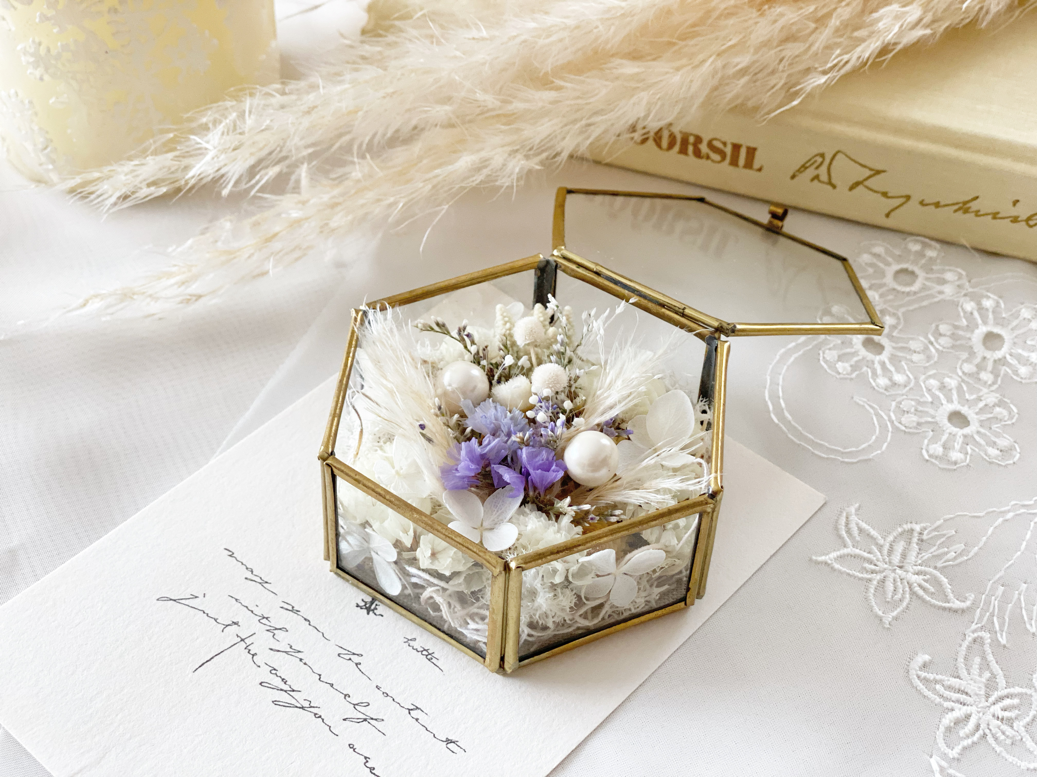 六角ガラスボックスのリングピローpurple  