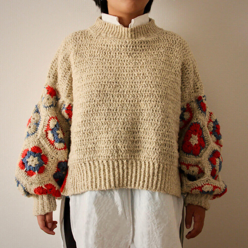 【キット】〈かぎ針１本で編める！〉アフリカンモチーフのバルーンスリーブセーター