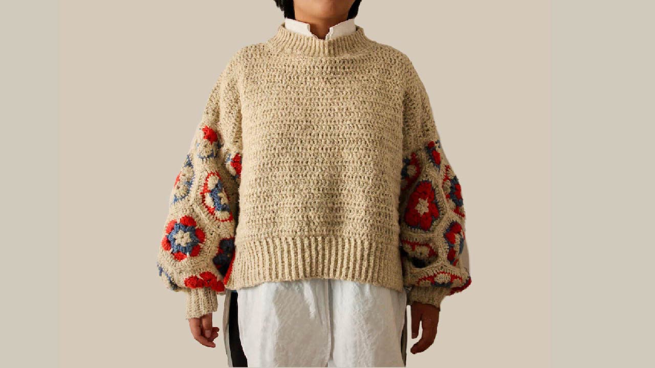 【キット】〈かぎ針編み〉アフリカンモチーフのバルーンスリーブセーター