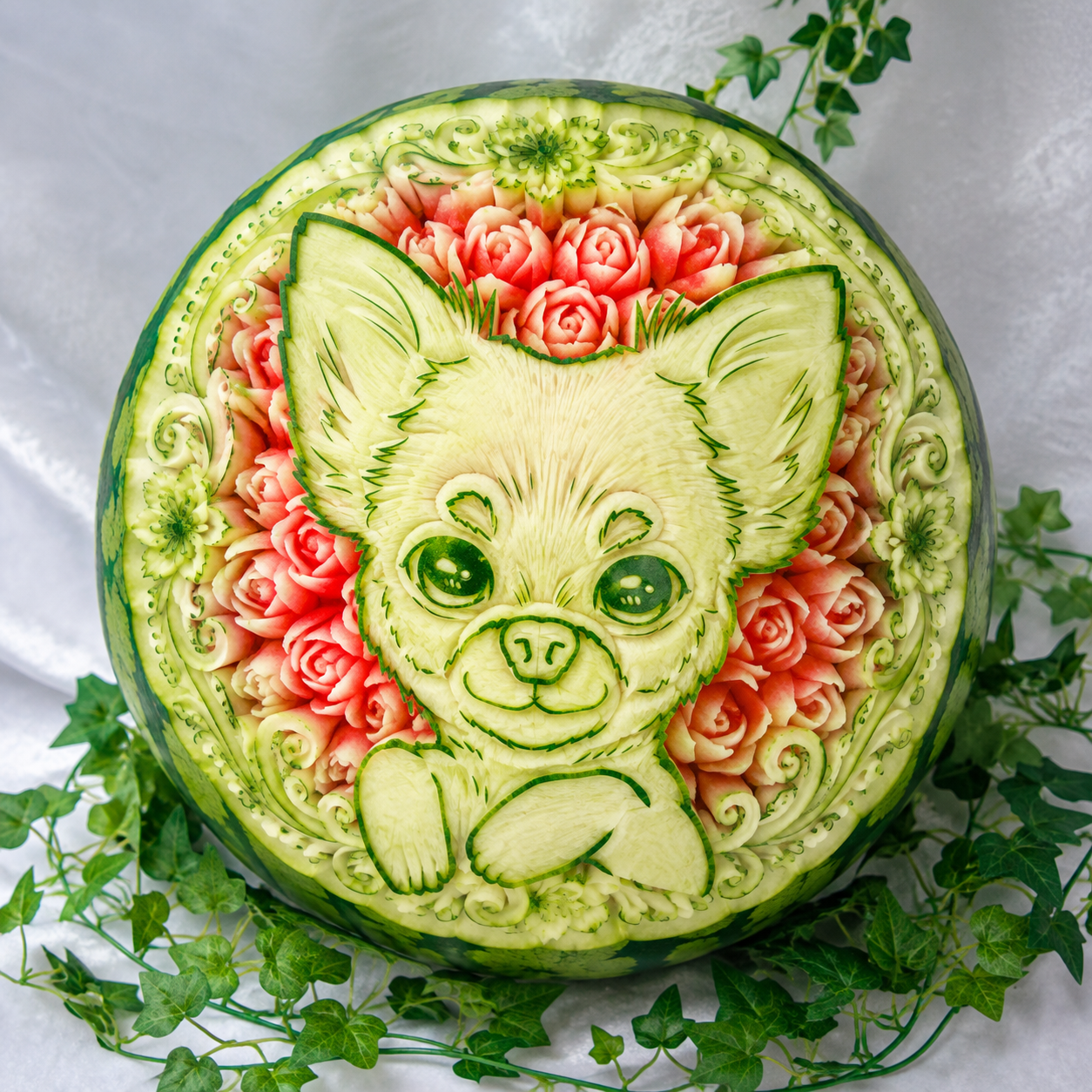 ペット　似顔絵スイカ　フルーツカービング　プレゼント　誕生日