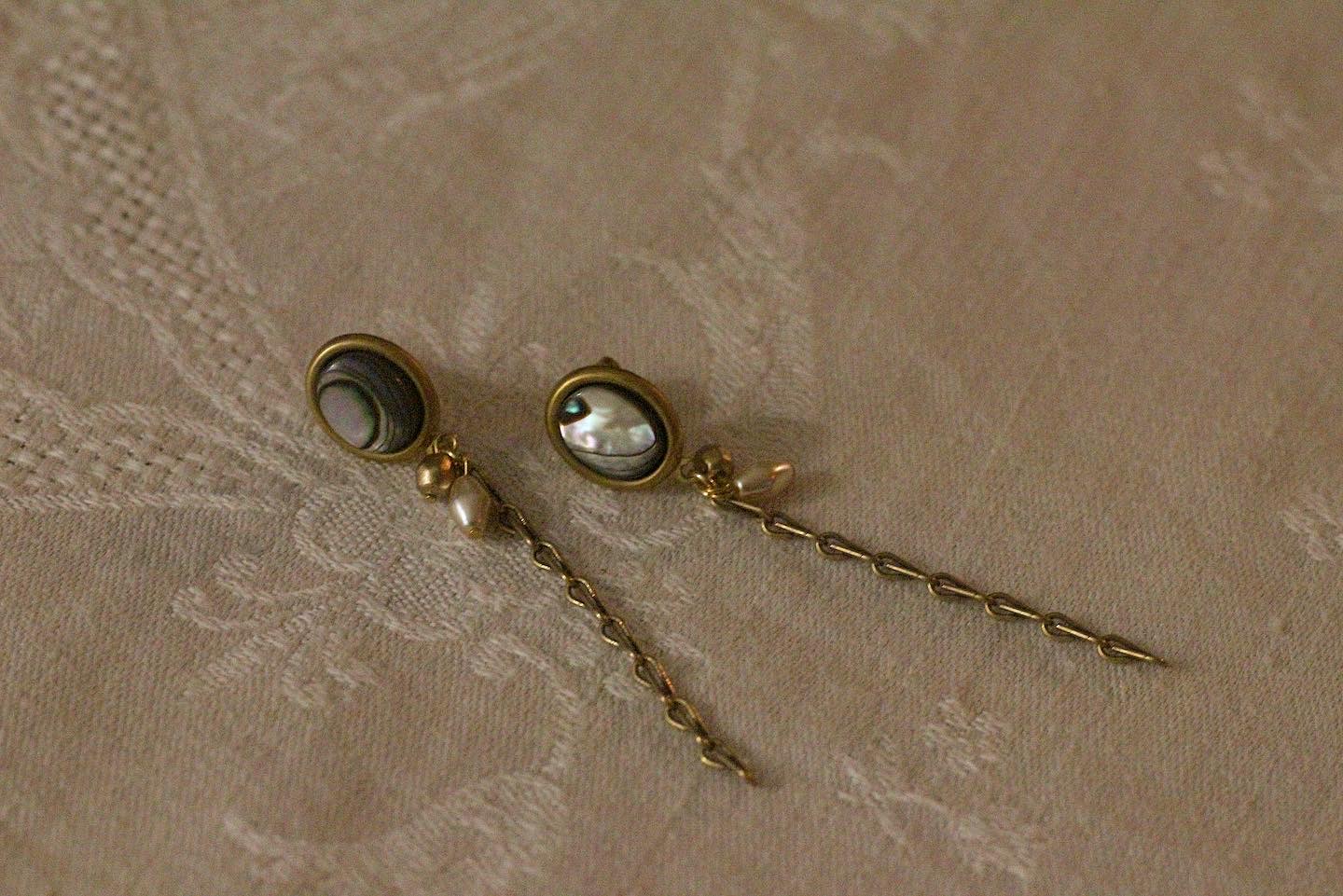 オーバル天然アバロンシェル×アンティークチェーン　華奢イヤリング/ピアスの画像2