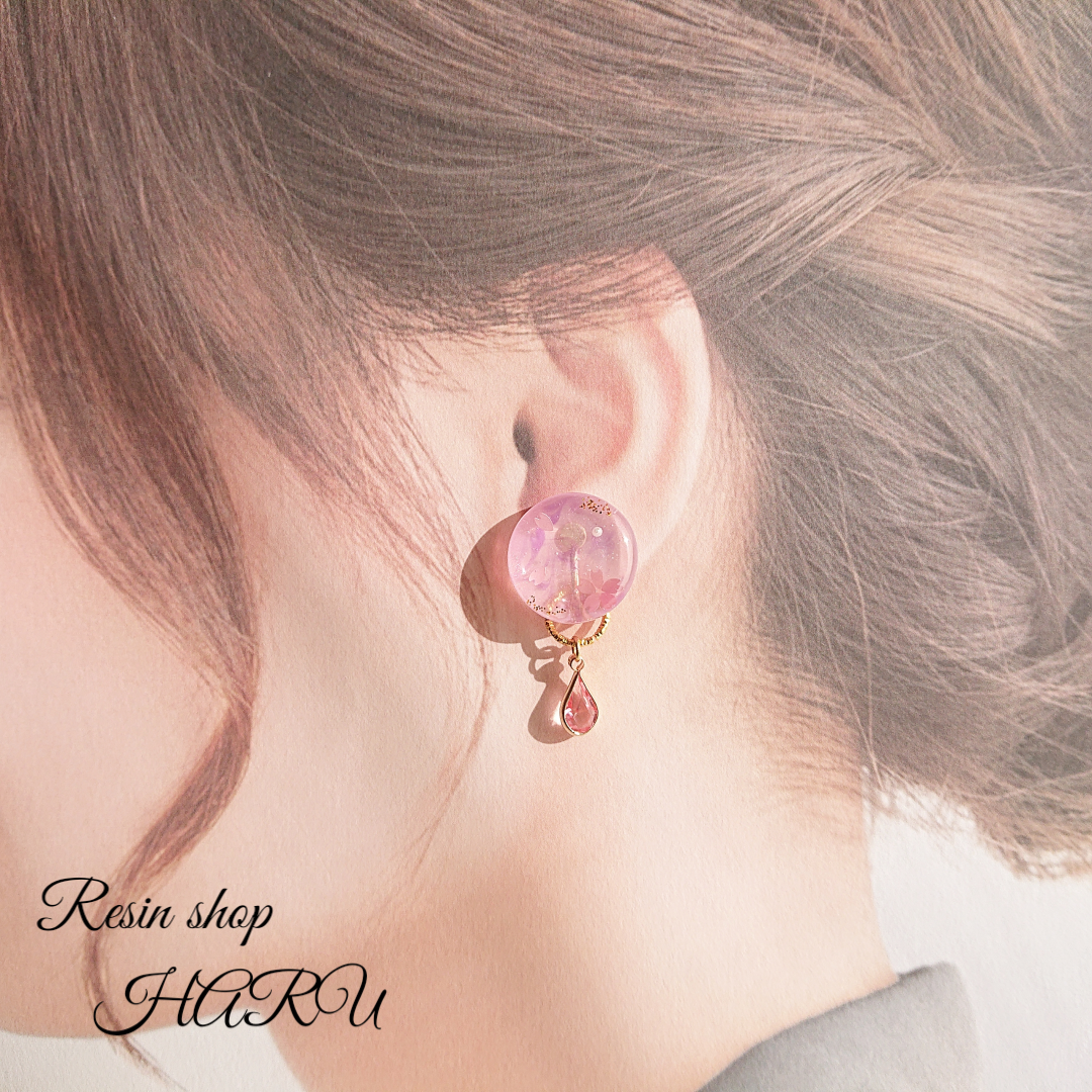 桜模様🌸<ピンクストーン>2way 円型レジンピアス・イヤリングの画像6