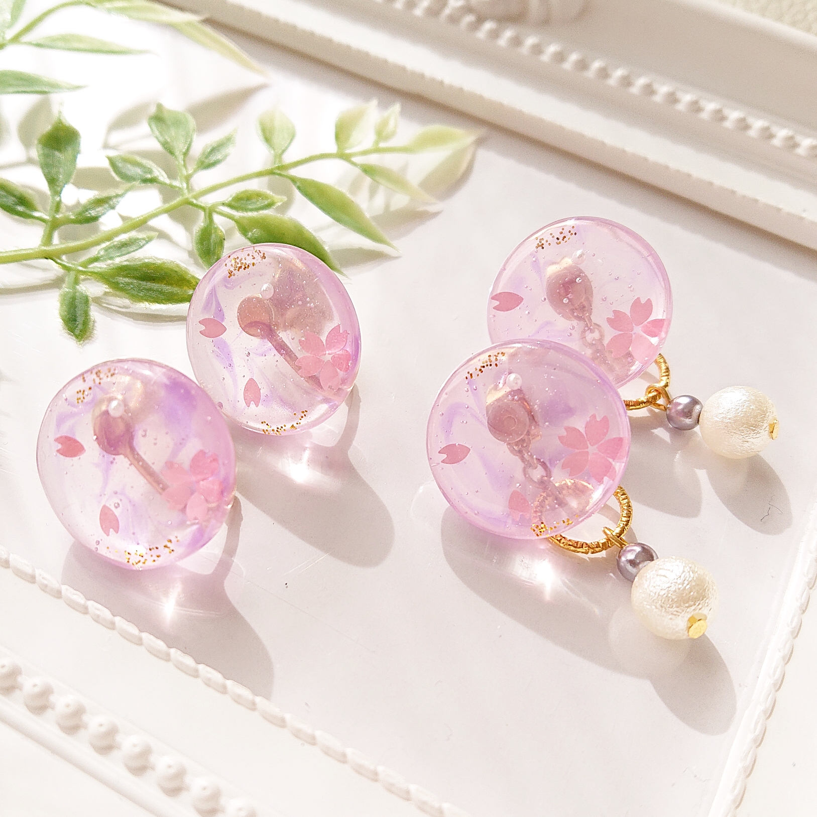 桜模様🌸<パール>2way 円型レジンピアス・イヤリングの画像2