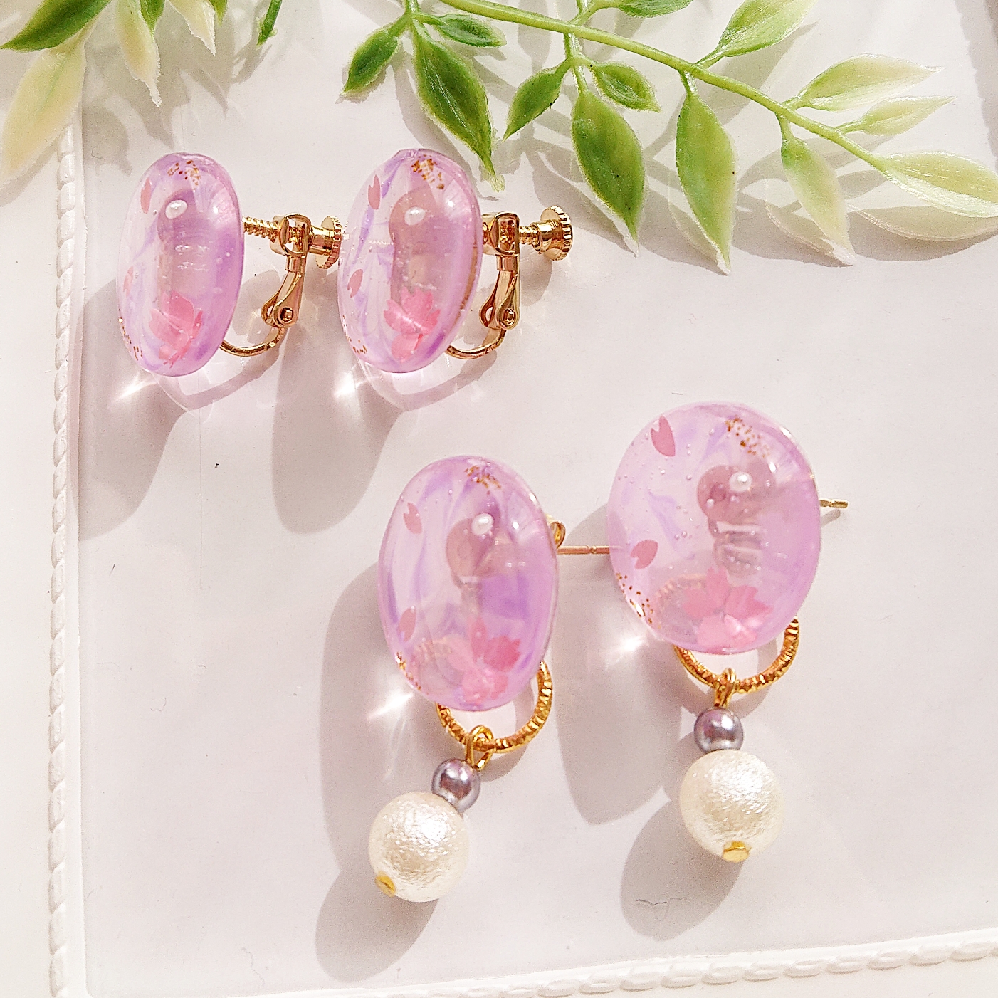 桜模様🌸<パール>2way 円型レジンピアス・イヤリングの画像3