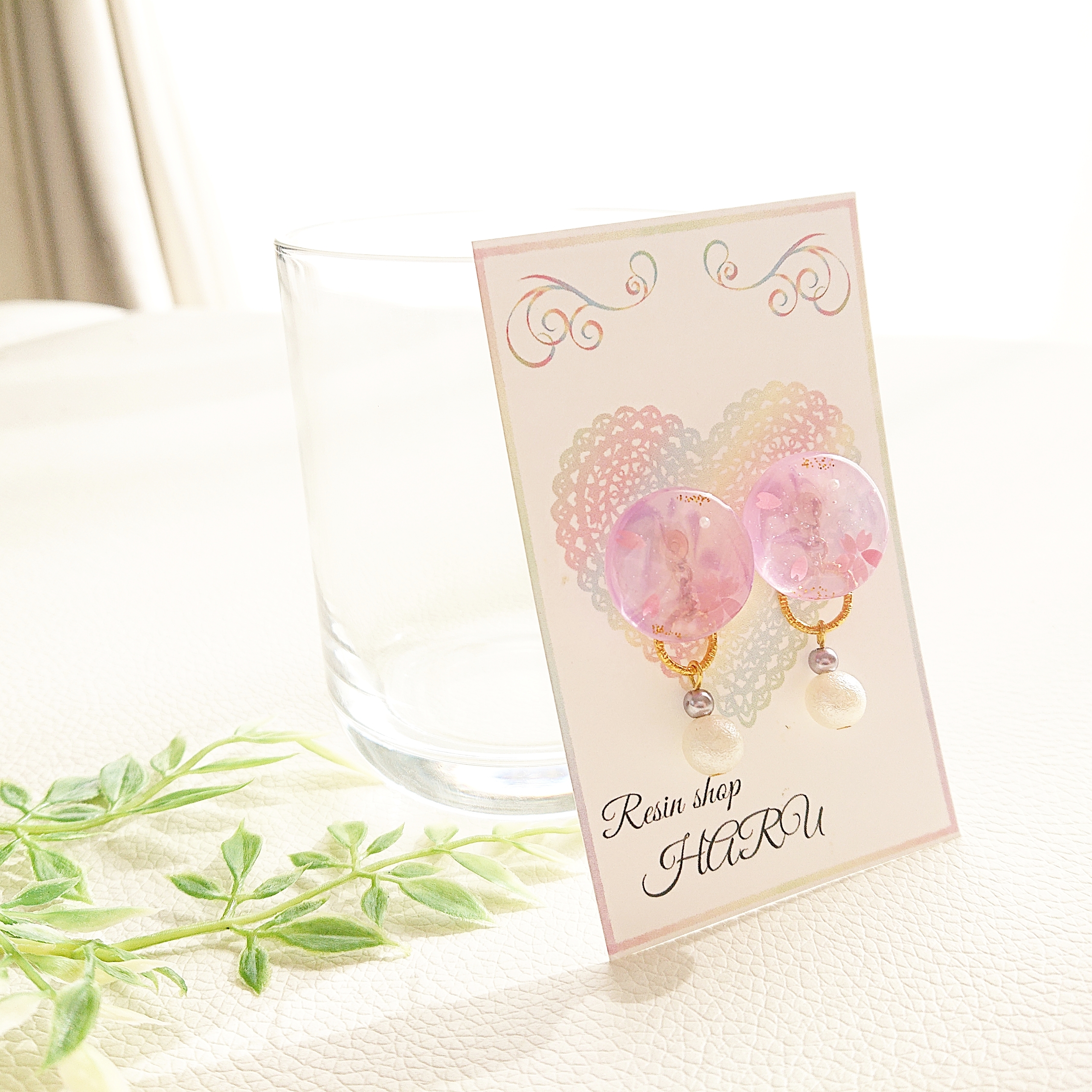 桜模様🌸<パール>2way 円型レジンピアス・イヤリングの画像4