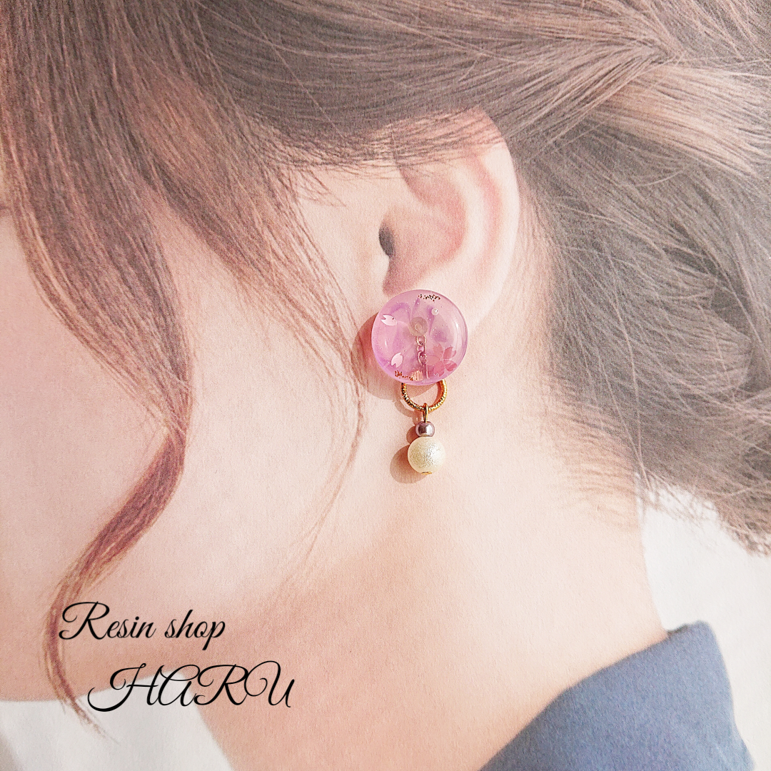 桜模様🌸<パール>2way 円型レジンピアス・イヤリングの画像5