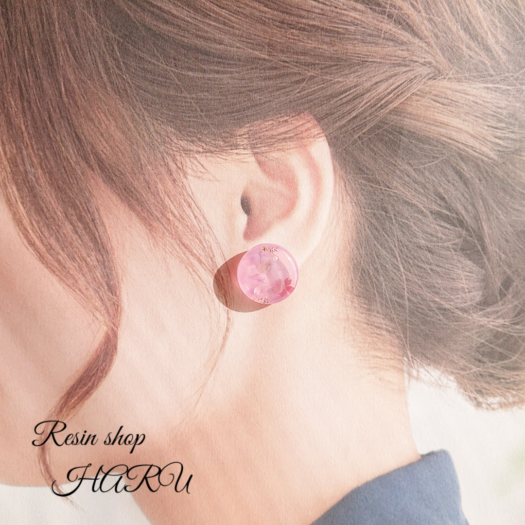 桜模様🌸<パール>2way 円型レジンピアス・イヤリングの画像6