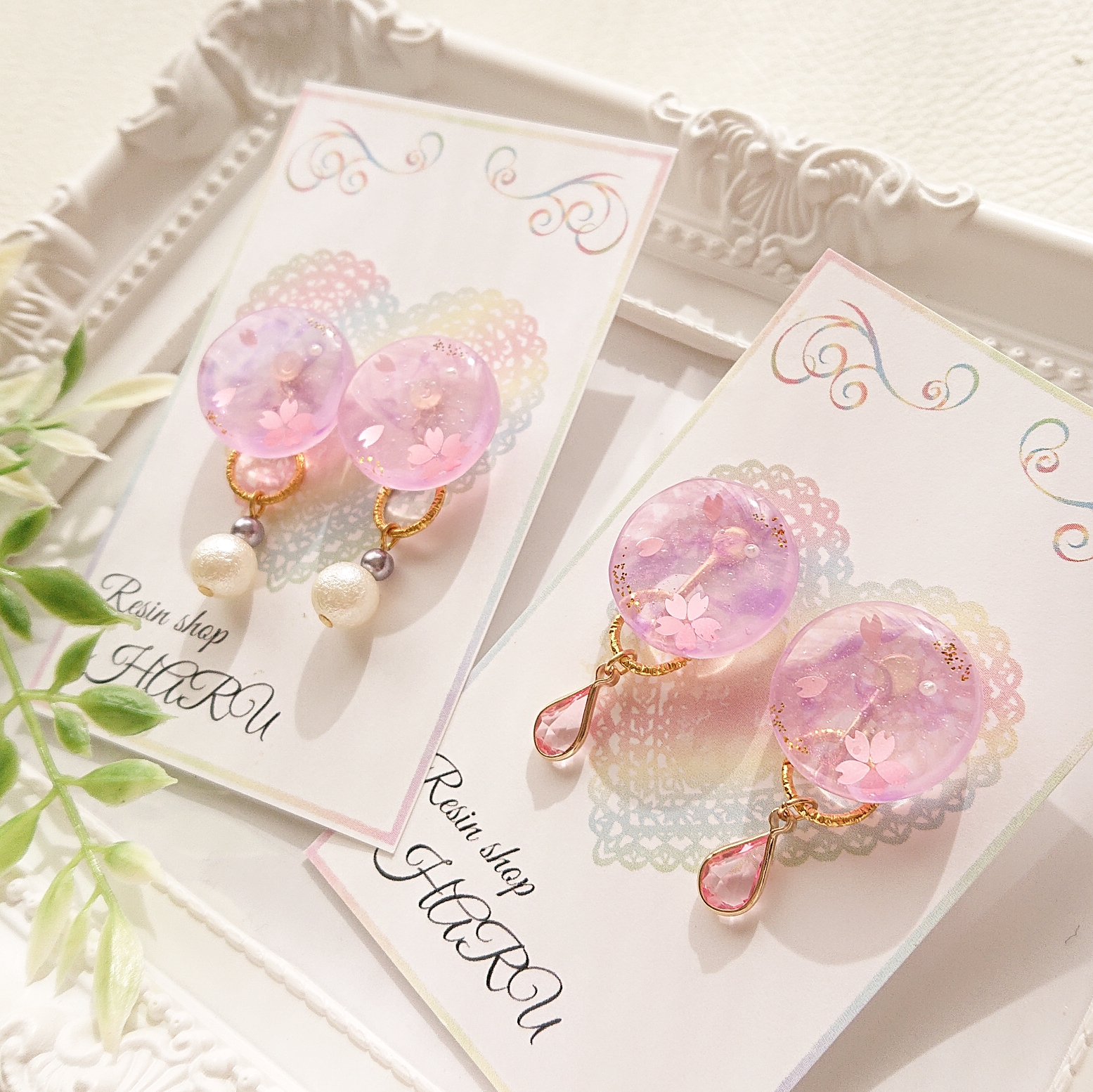 桜模様🌸<パール>2way 円型レジンピアス・イヤリングの画像10