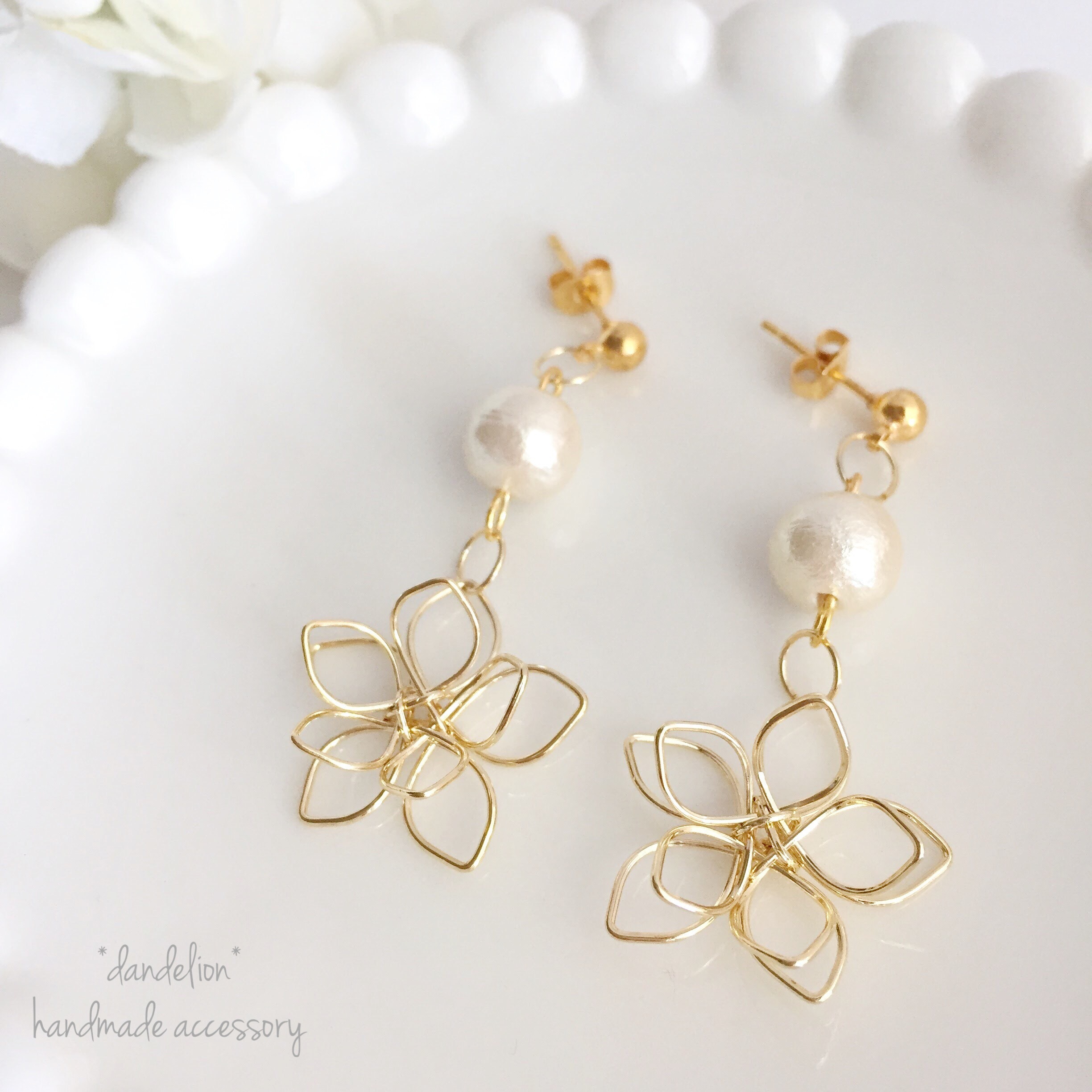高品質♡小花のワイヤーフラワーコットンパールピアス/イヤリングの画像2