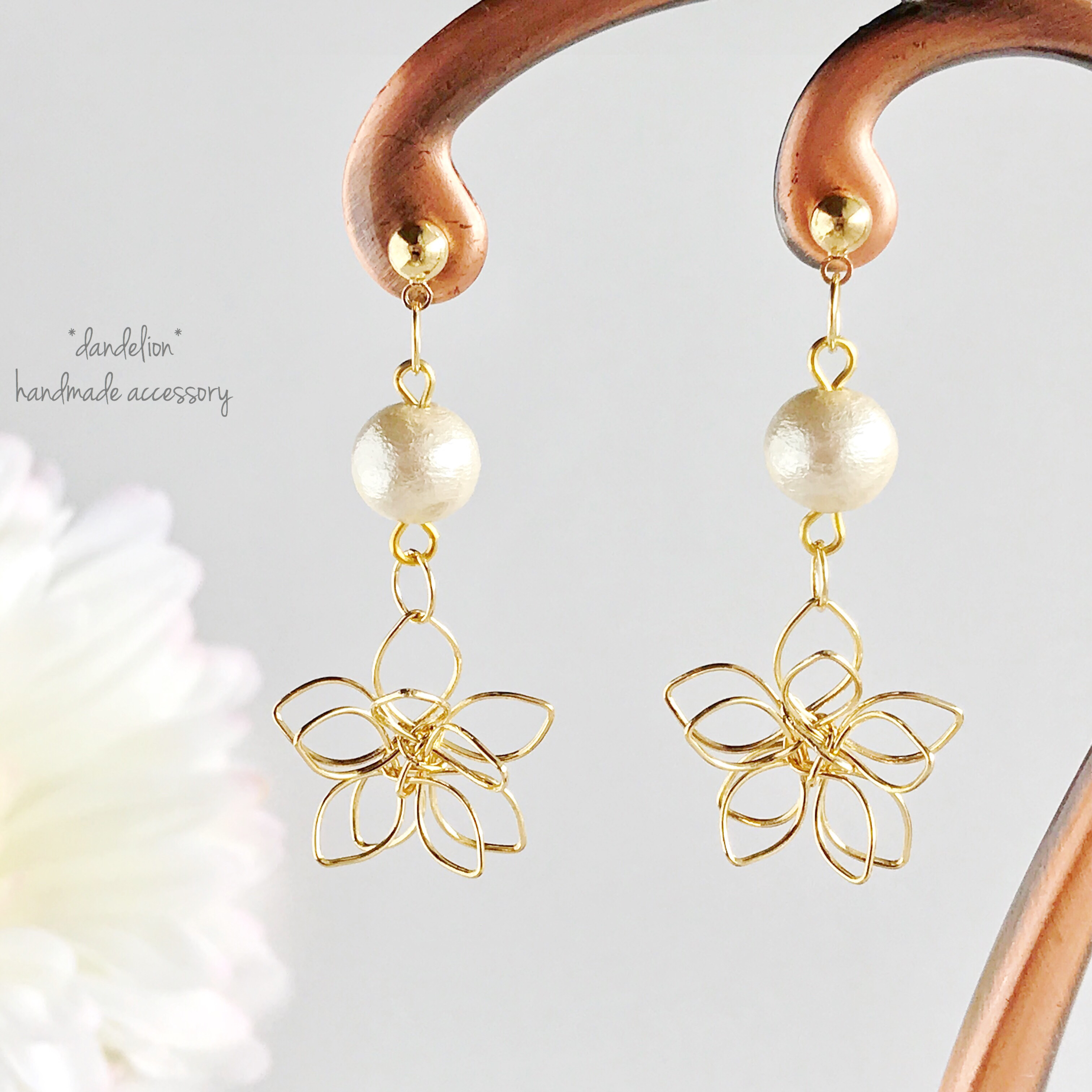 高品質♡小花のワイヤーフラワーコットンパールピアス/イヤリングの画像3