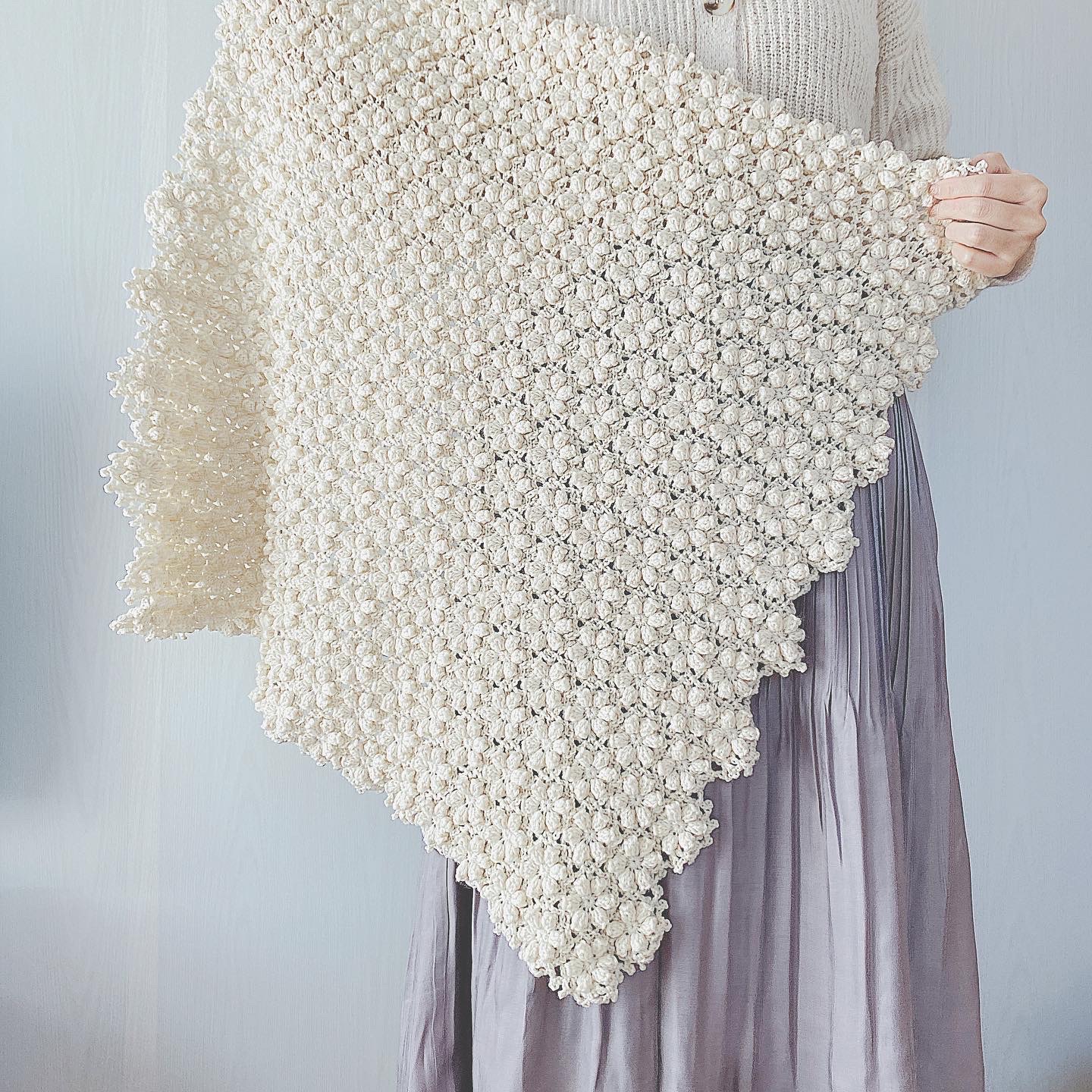 【受注製作】手編みのブランケット お花モチーフ オフホワイトの画像2