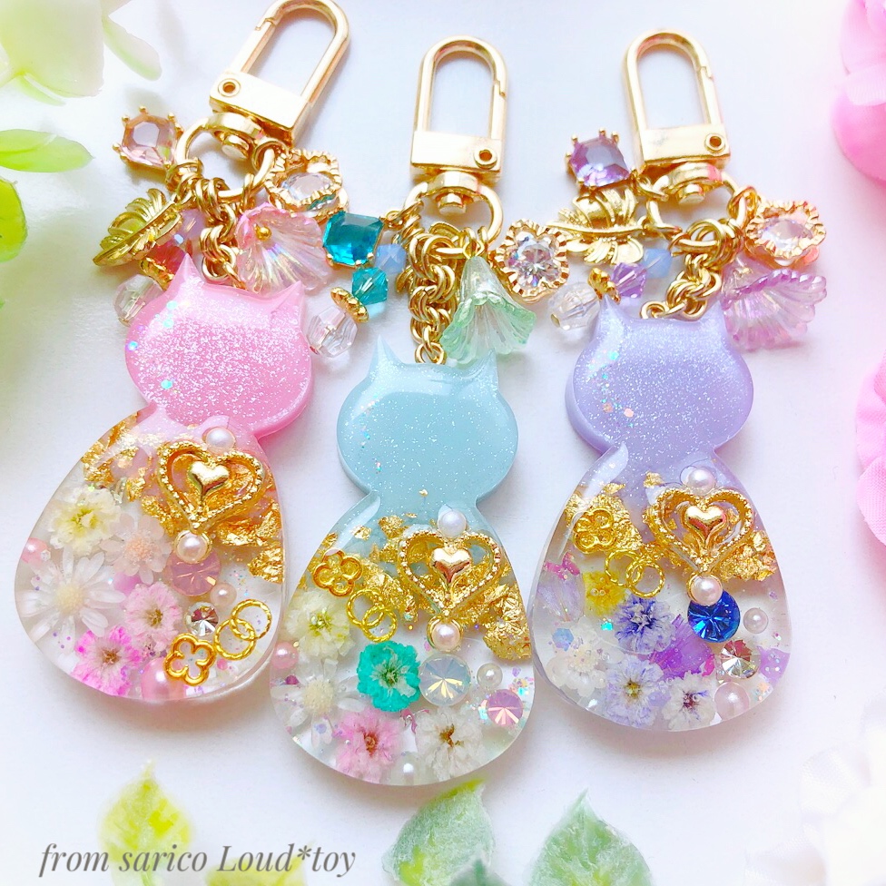 お花畑　猫　チャーム／ライトブルー の画像2