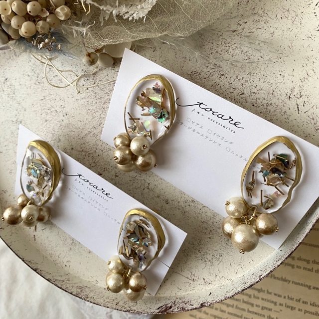 シェル×クリアレジンジオードの鈴なりコットンパール ピアス/イヤリングの画像3