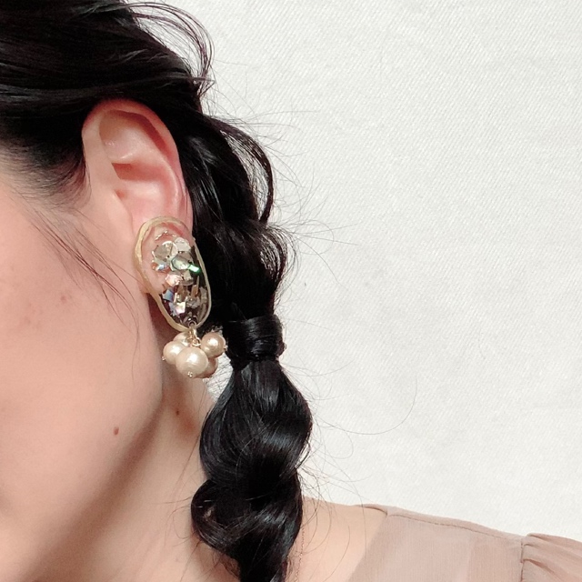 シェル×クリアレジンジオードの鈴なりコットンパール ピアス/イヤリングの画像5