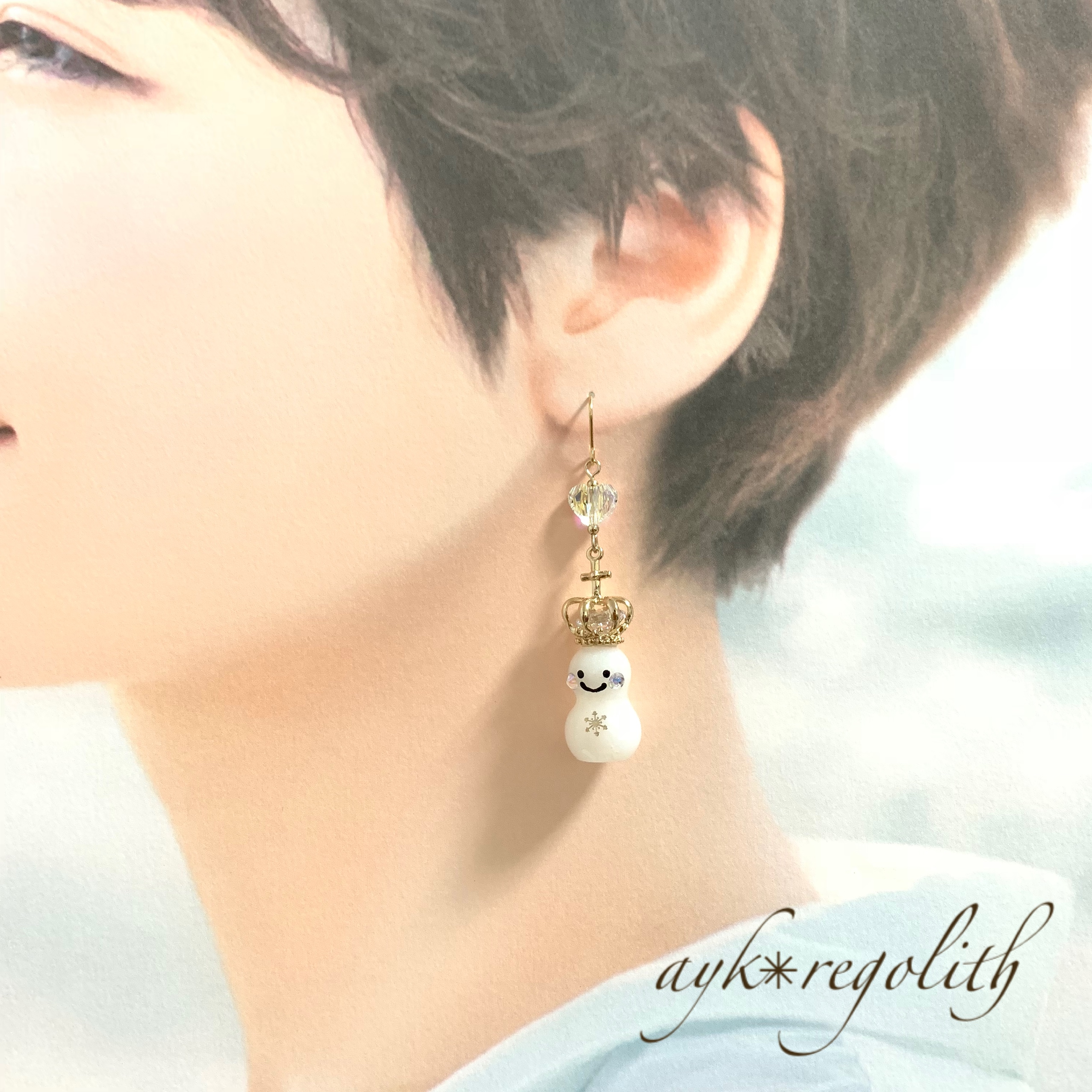 雪だるまカップルピアス【クリスタル ゴールド(ジルコニア王冠)】の画像2