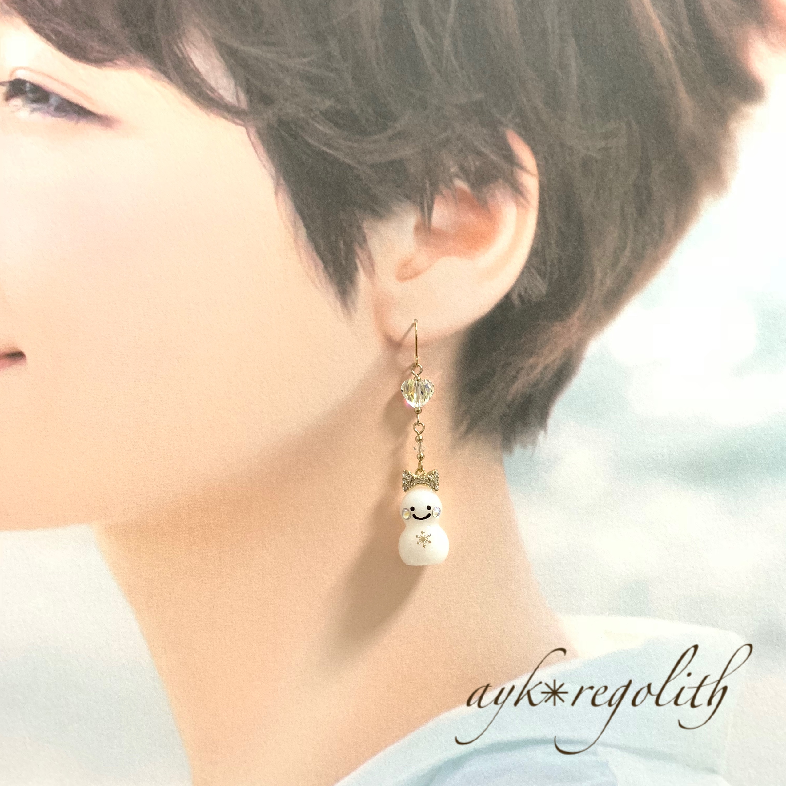 雪だるまカップルピアス【クリスタル ゴールド(ジルコニア王冠)】の画像3