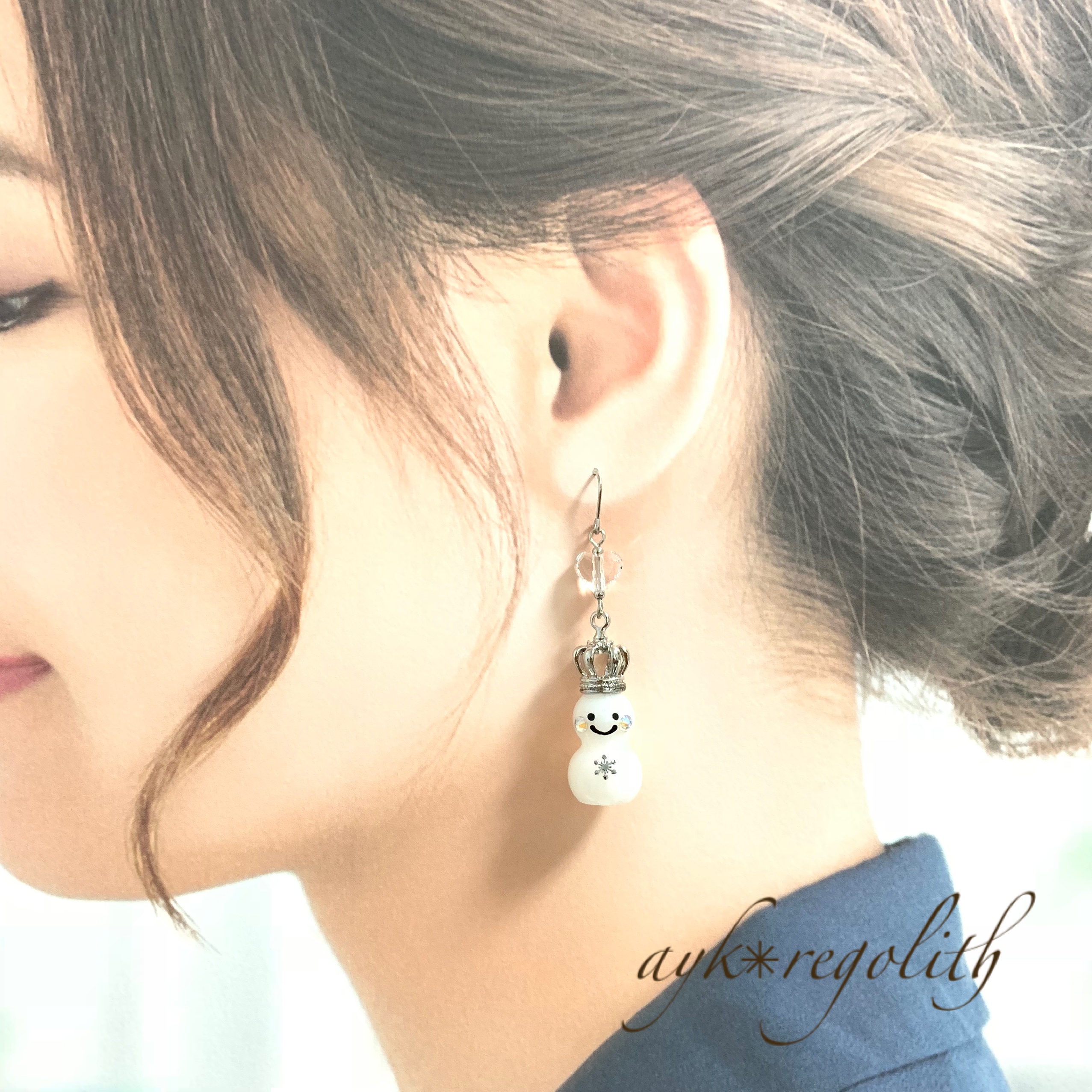 雪だるまカップルピアス【クリスタル シルバー】の画像2