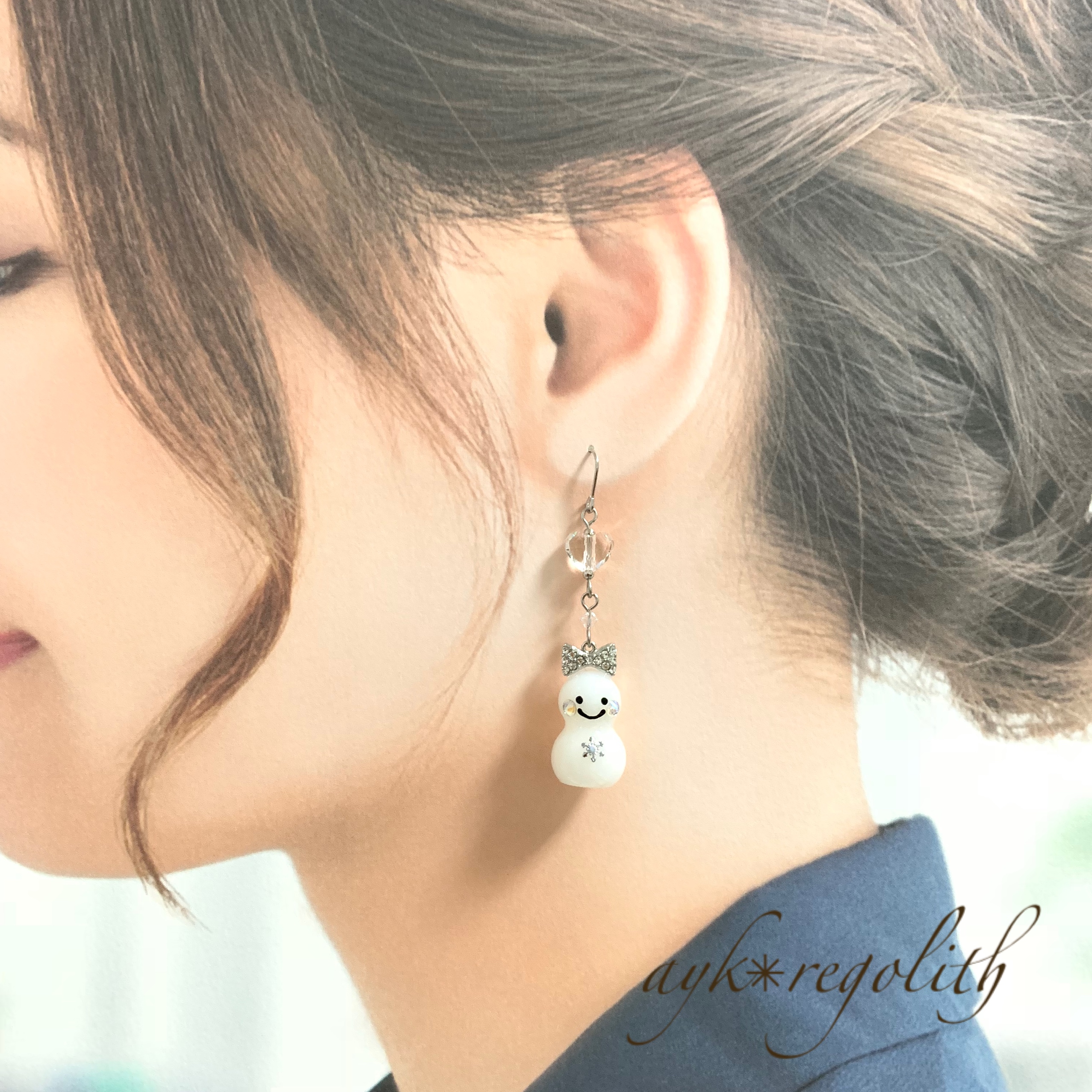 雪だるまカップルピアス【クリスタル シルバー】の画像3