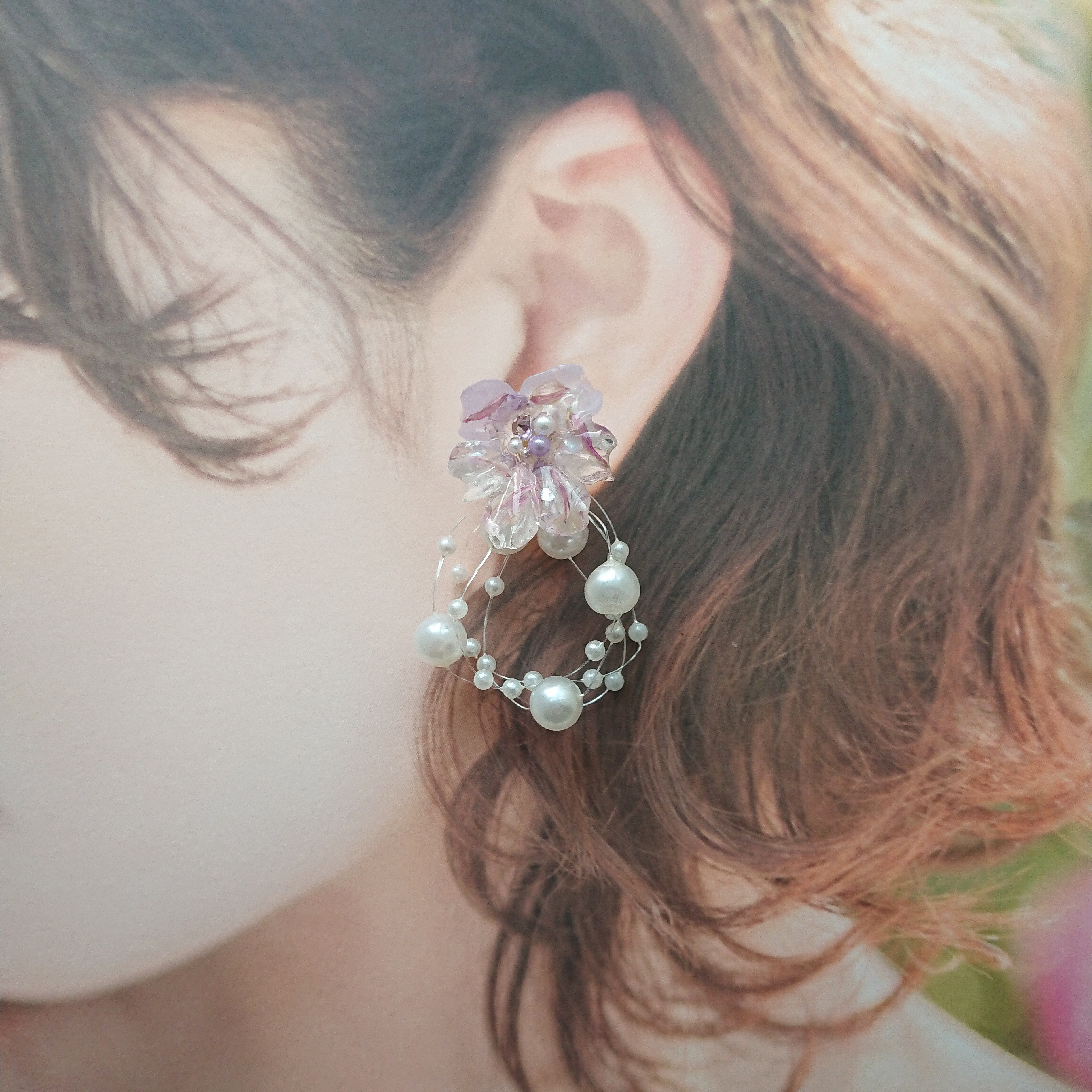 ❁ピアス❁パールシャワーフラワー ピンクパープルの画像3