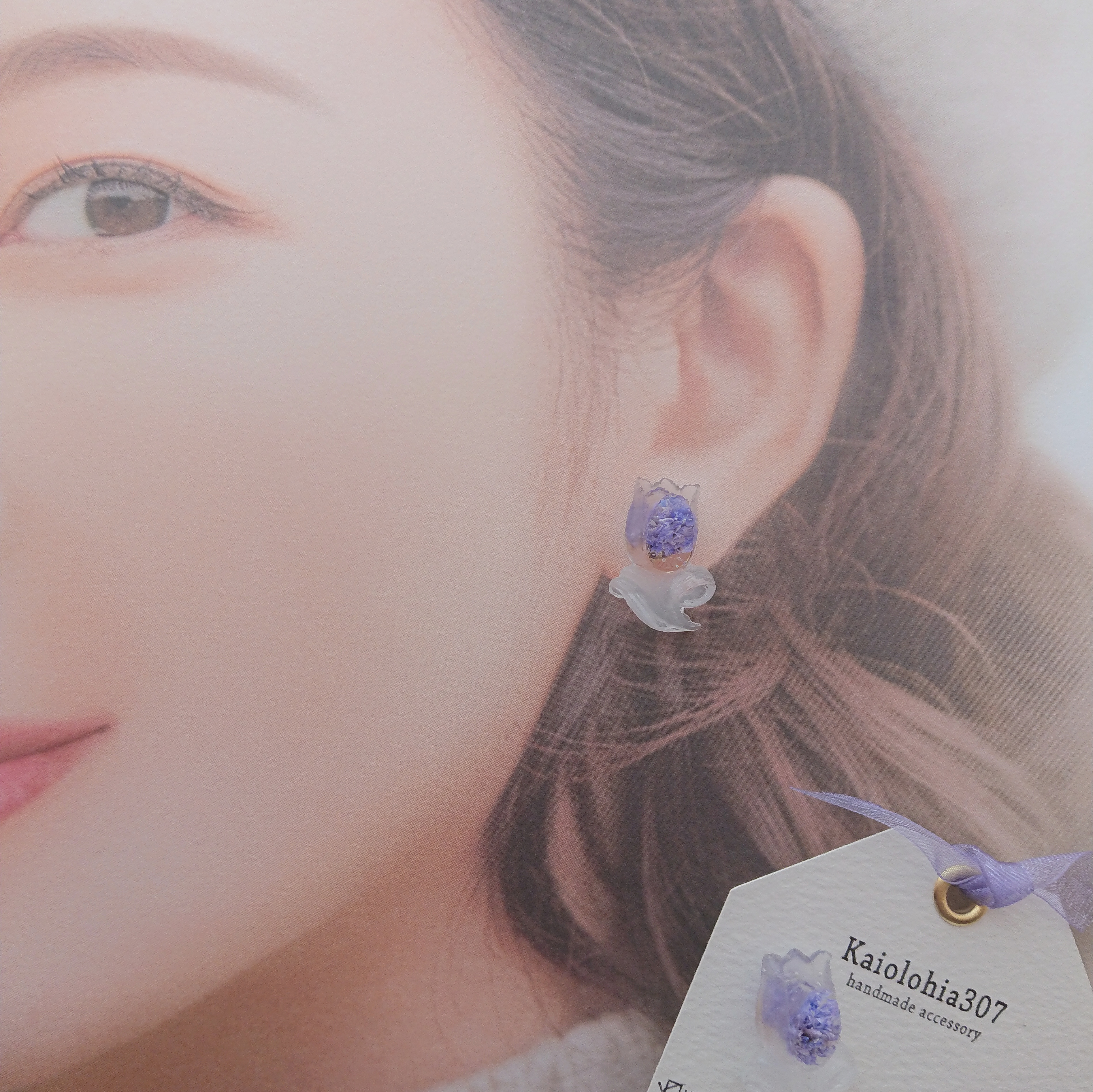 ❁ピアス❁ハーバリウムチューリップ かすみ草濃紫の画像2