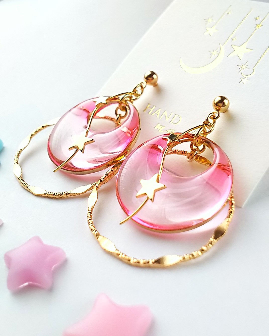 星が揺れるラウンド耳飾り（ピンク）の画像2