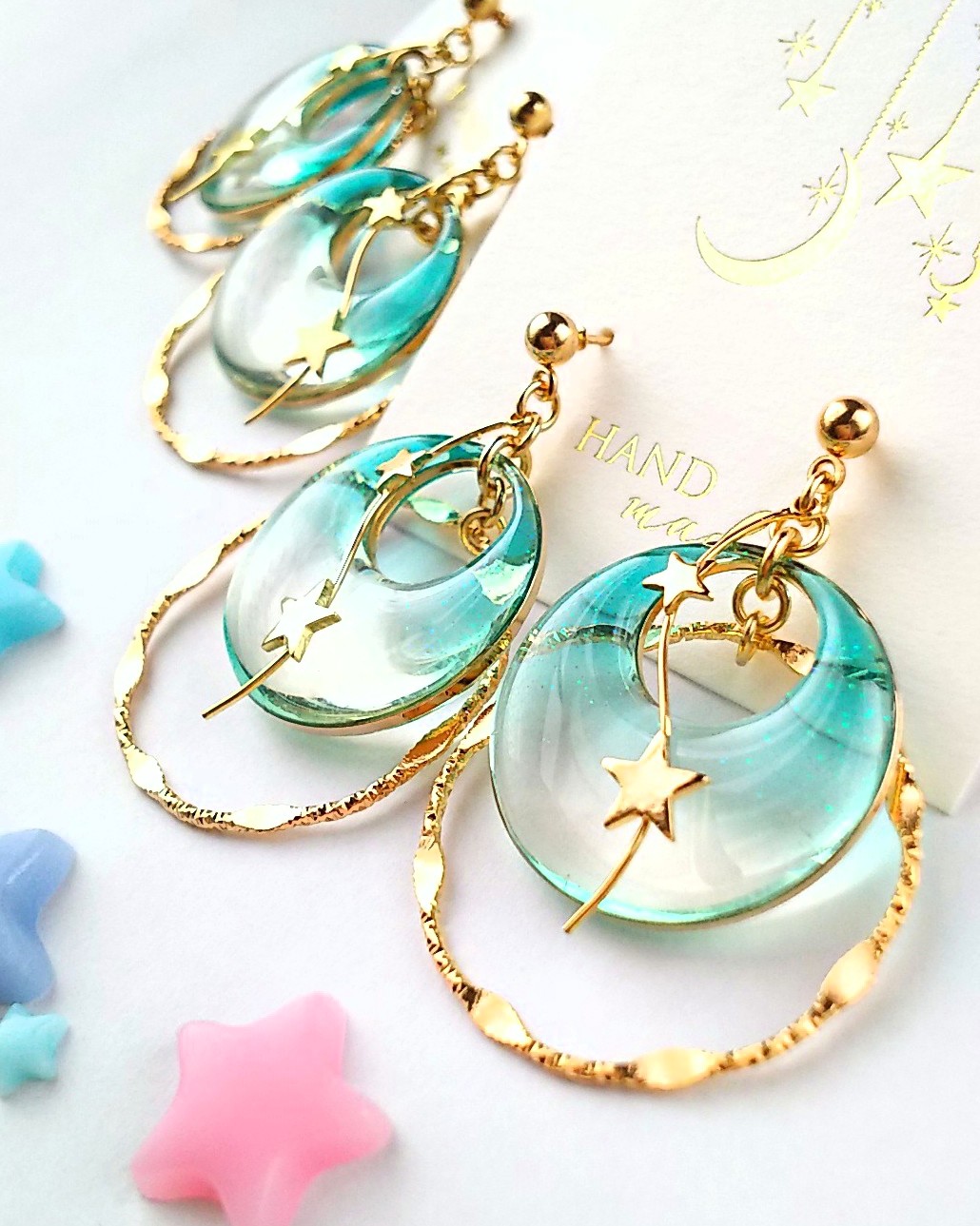 星が揺れるラウンド耳飾り（ブルー）の画像2