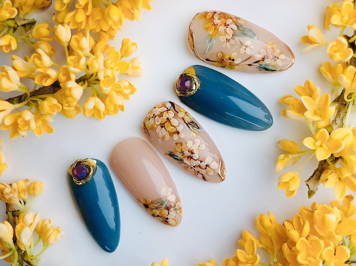 奥行きボタニカルネイルのやり方【キンモクセイ編】