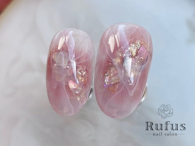 ピンク系天然石ネイルのやり方(花水晶)