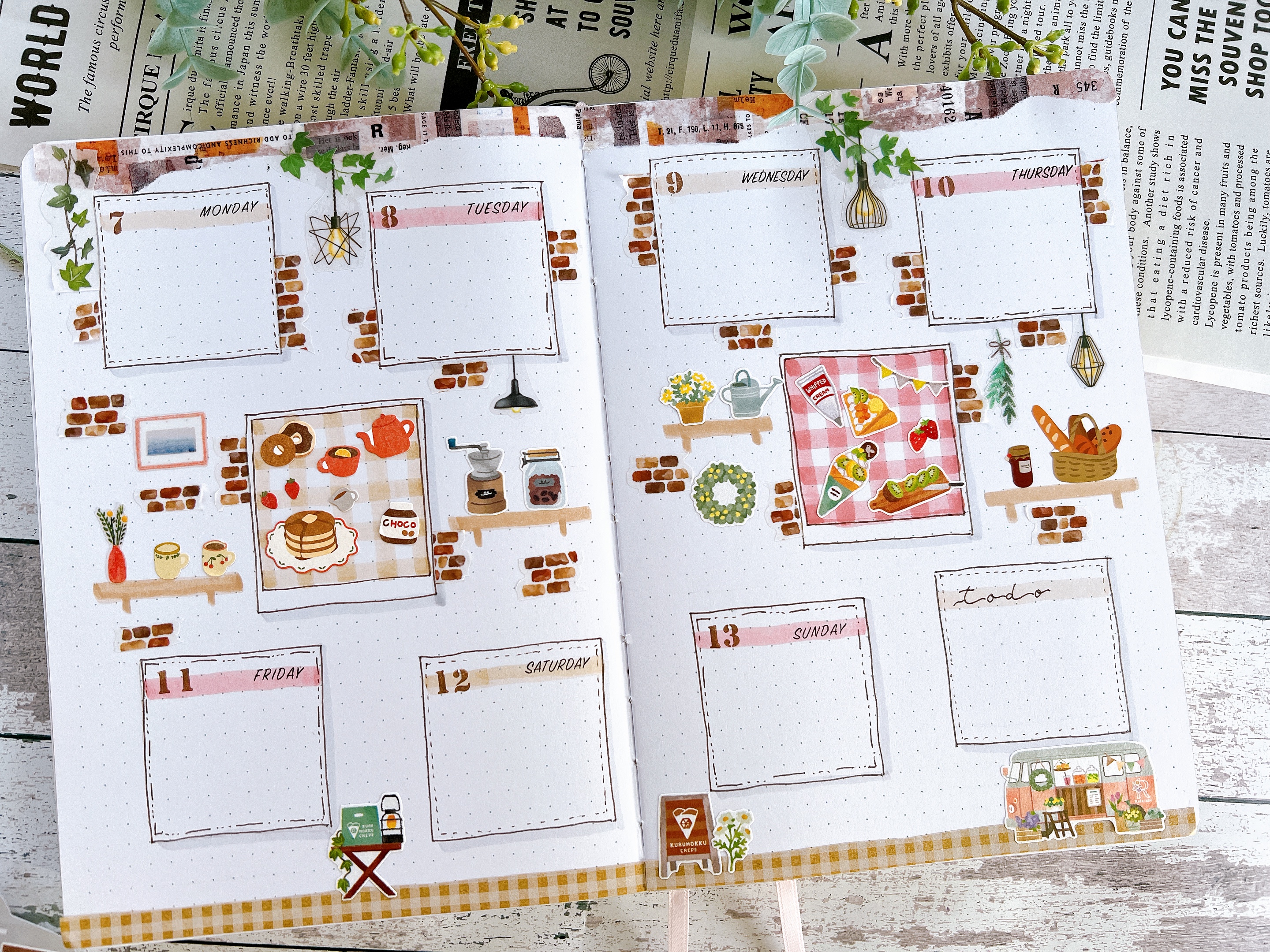 シールを使ってデコレーションレッスン　カフェ風Weeklyページ