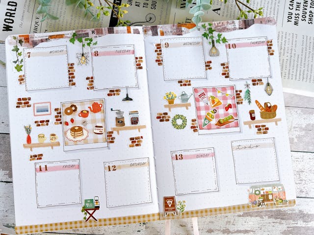 シールを使ってデコレーションレッスン　カフェ風Weeklyページ