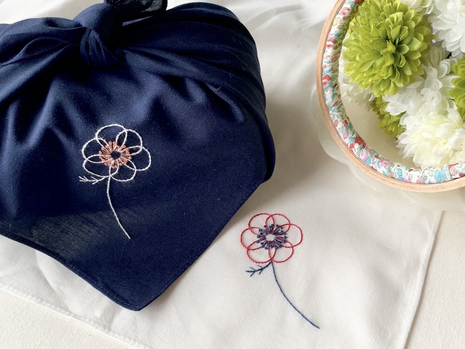 ＊線画刺繍＊アネモネのハンカチの刺繍レッスン