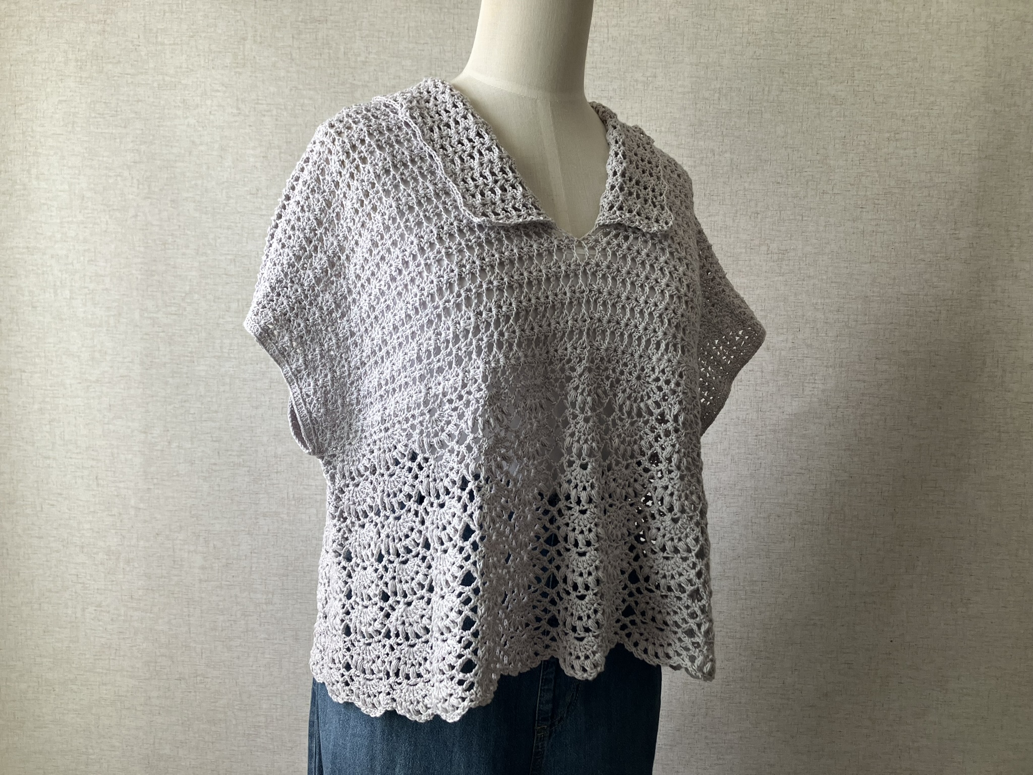 【PDF編み図付き】扇模様の襟付きプルオーバーの編み方