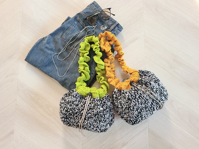 【編み図付き】フリルハンドル巾着バッグの編み方