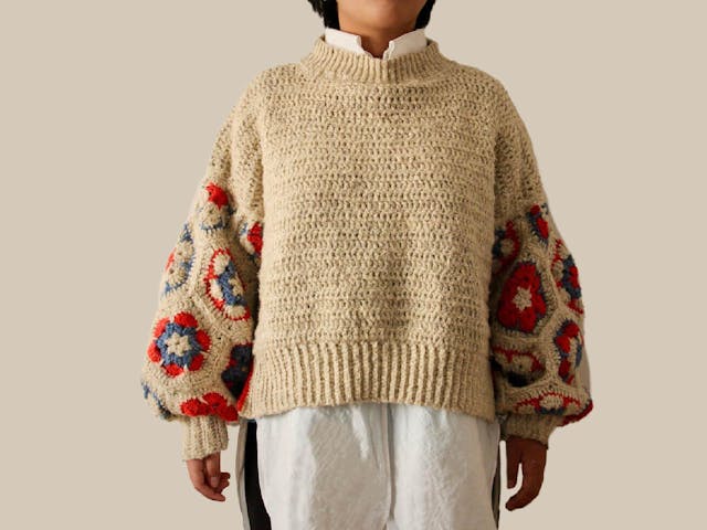 〈かぎ針１本で編める！〉モチーフスリーブセーターの編み方【編み図付き】