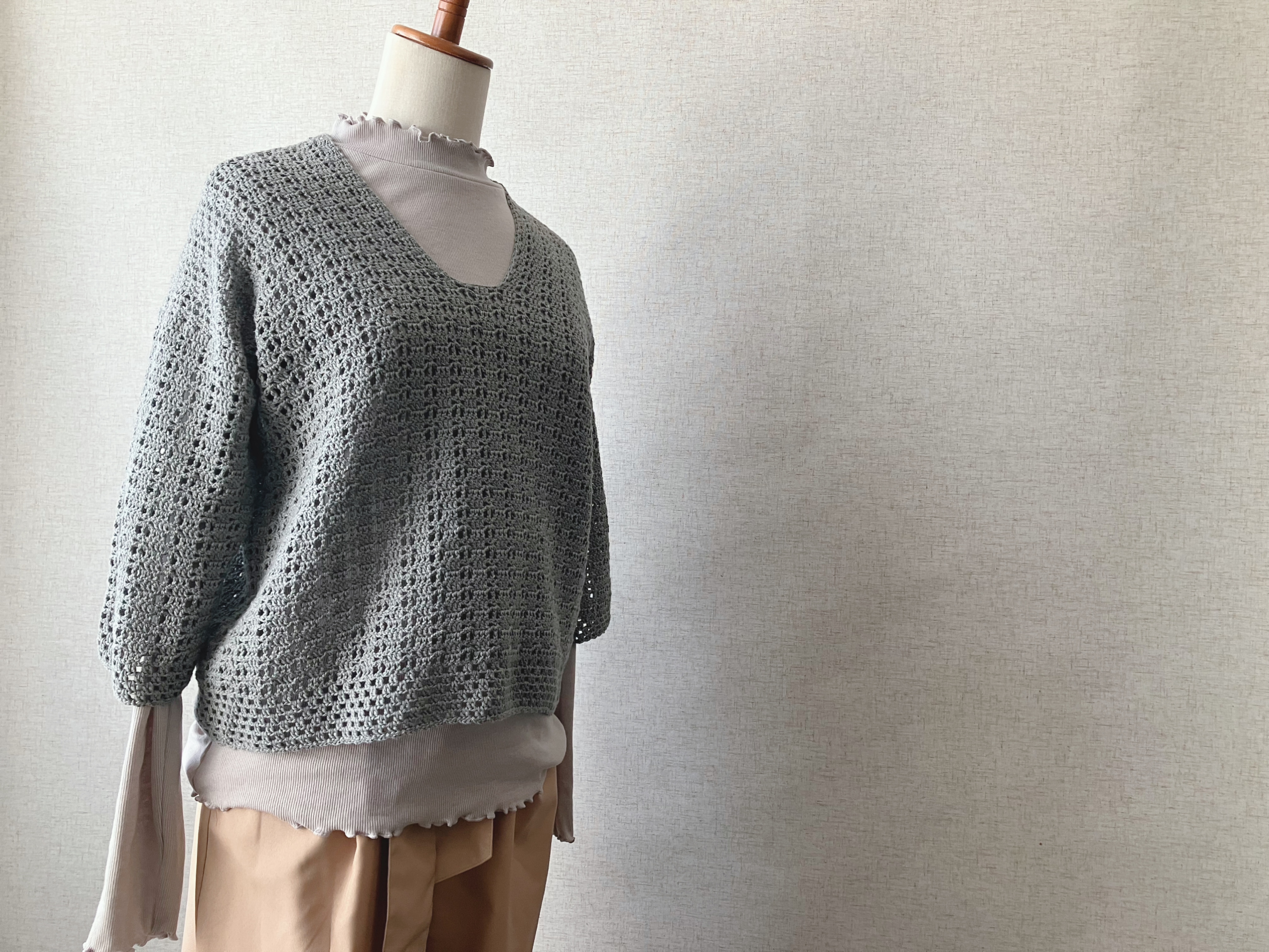 【PDF編み図付き】まっすぐ編みの簡単七分丈袖プルオーバーの作り方の紹介画像1