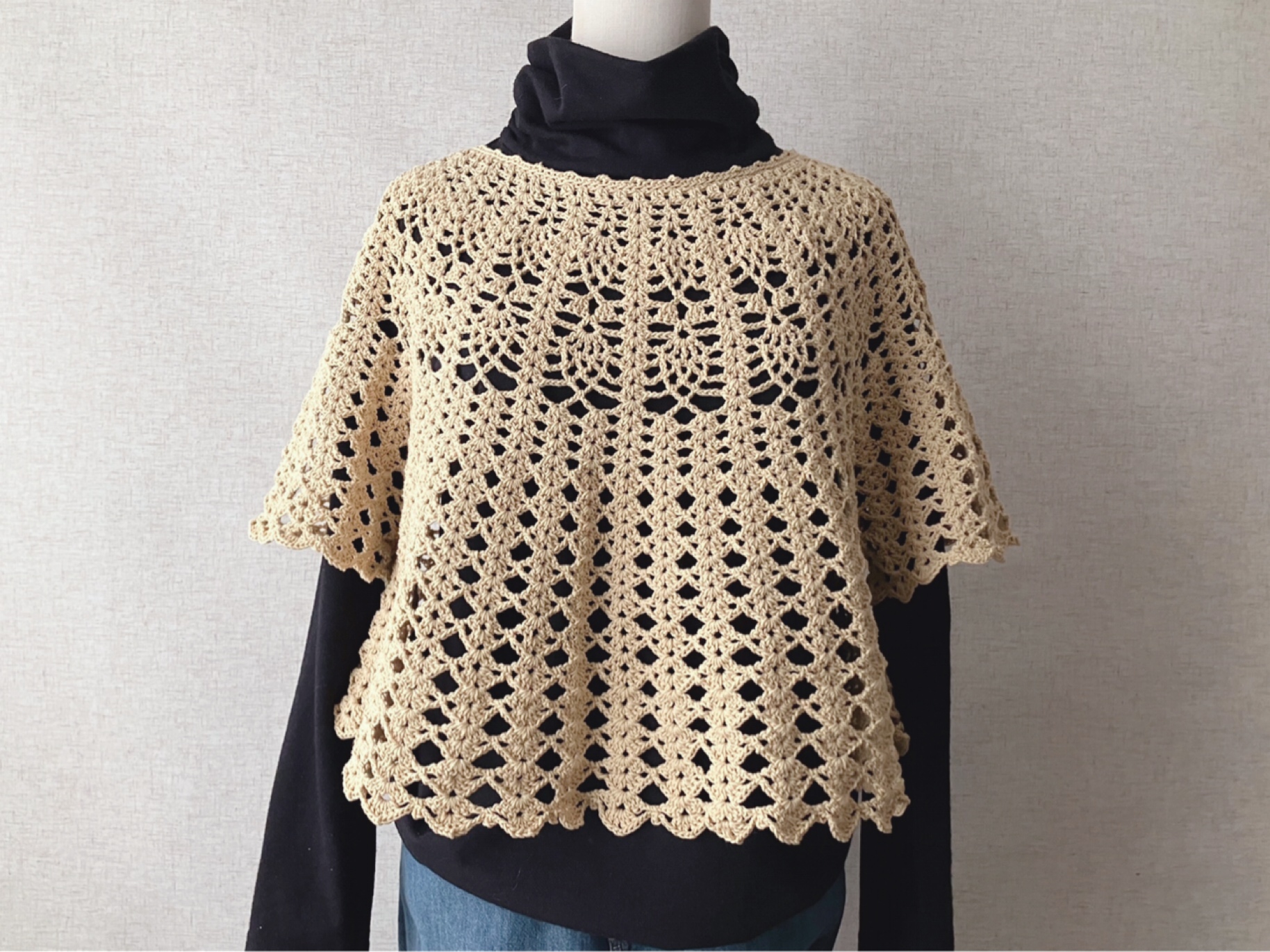 1回完結レッスン】【PDF編み図付き】パイナップル模様のポンチョ風プル